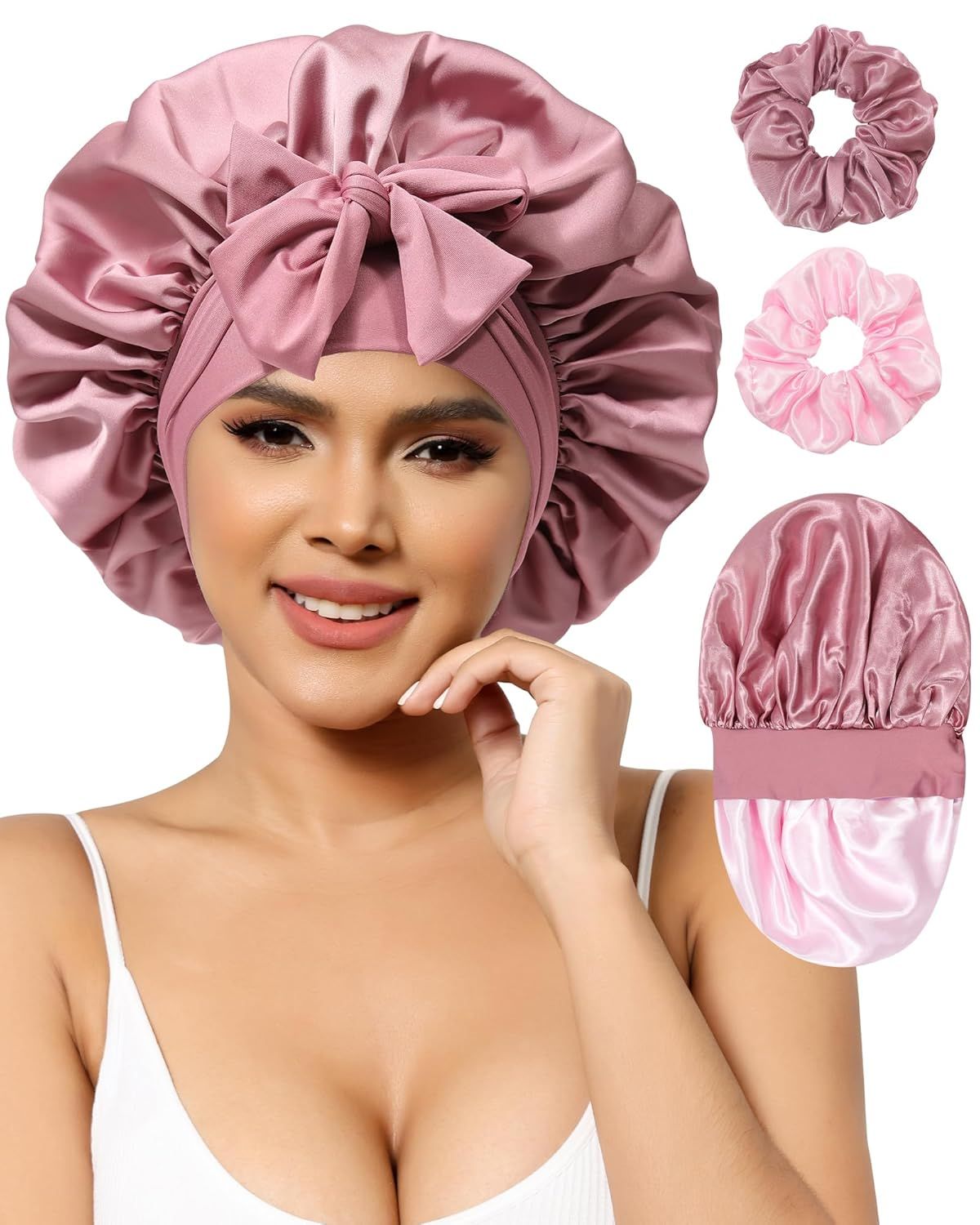 Satin Bonnets Silk Bonnet or Sleeping Women Hair Bonnet or Curly Hair Sleep Cap Reversible Double Layer Bonnets with Tie Band (Bean Paste Pink Bonnet + Satin Scrunchies)
