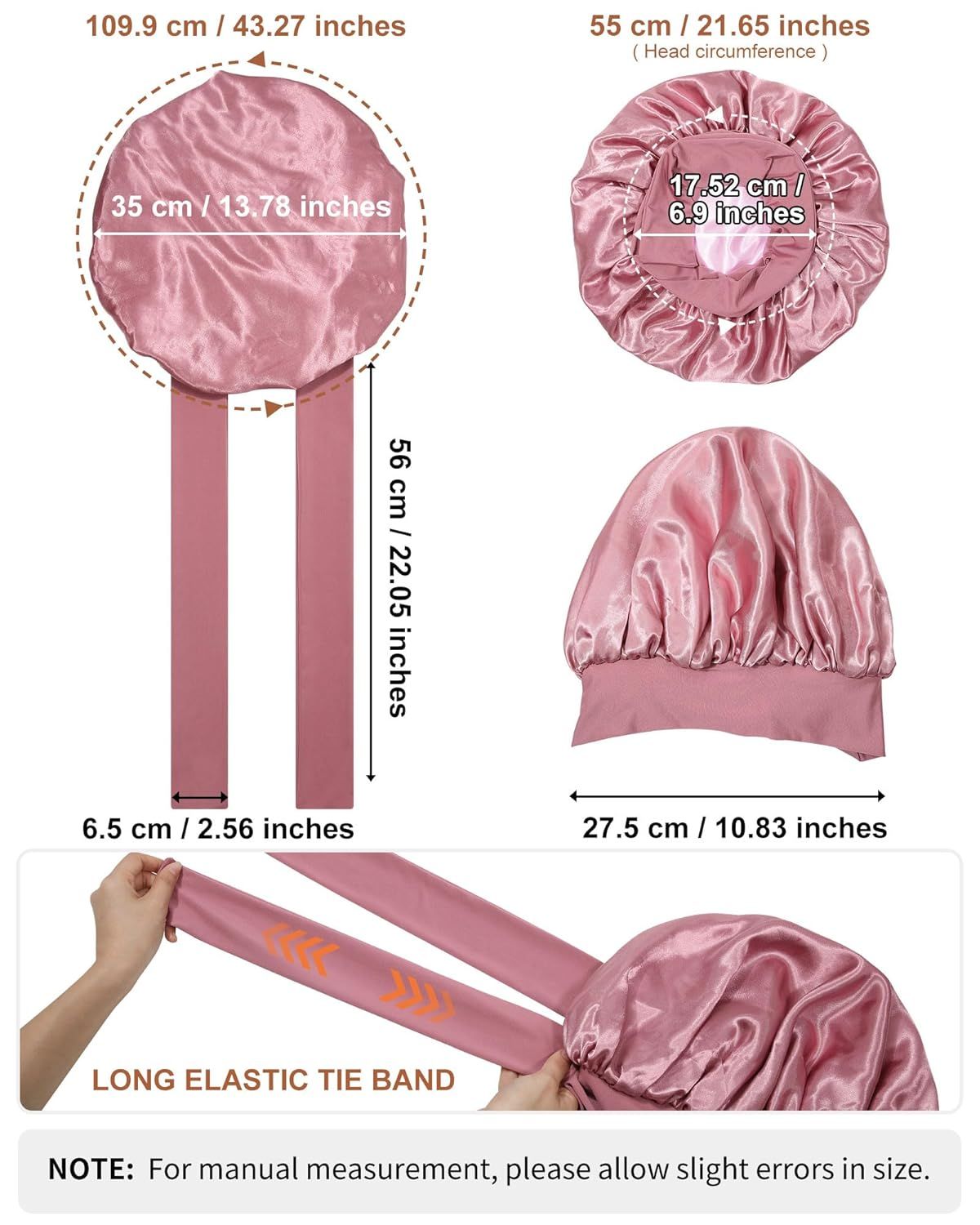 Satin Bonnets Silk Bonnet or Sleeping Women Hair Bonnet or Curly Hair Sleep Cap Reversible Double Layer Bonnets with Tie Band (Bean Paste Pink Bonnet + Satin Scrunchies)