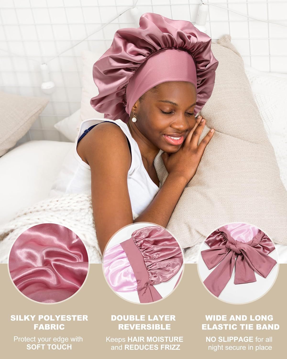 Satin Bonnets Silk Bonnet or Sleeping Women Hair Bonnet or Curly Hair Sleep Cap Reversible Double Layer Bonnets with Tie Band (Bean Paste Pink Bonnet + Satin Scrunchies)
