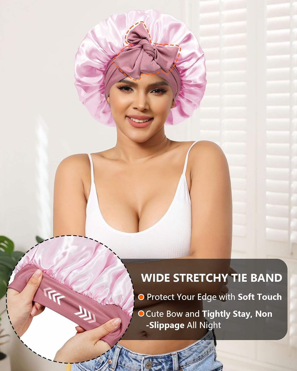 Satin Bonnets Silk Bonnet or Sleeping Women Hair Bonnet or Curly Hair Sleep Cap Reversible Double Layer Bonnets with Tie Band (Bean Paste Pink Bonnet + Satin Scrunchies)