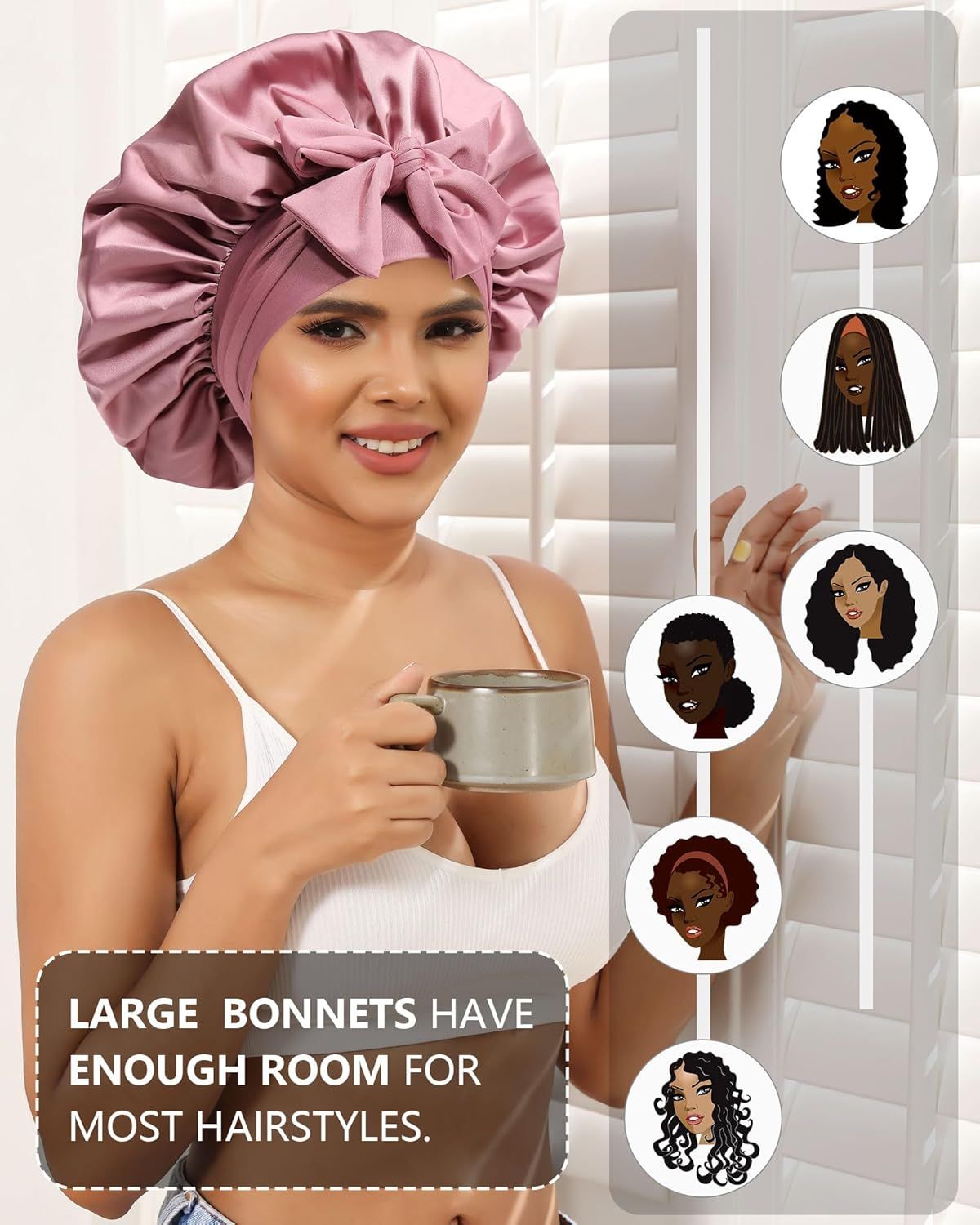 Satin Bonnets Silk Bonnet or Sleeping Women Hair Bonnet or Curly Hair Sleep Cap Reversible Double Layer Bonnets with Tie Band (Bean Paste Pink Bonnet + Satin Scrunchies)