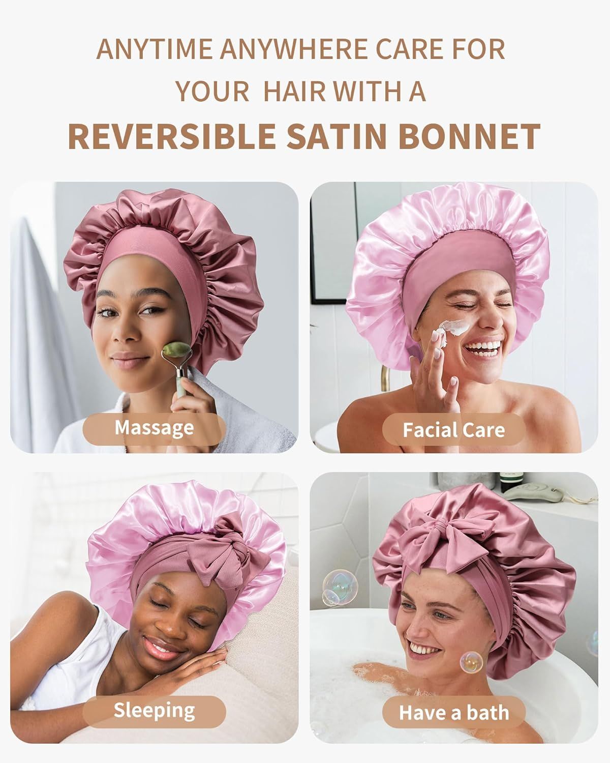 Satin Bonnets Silk Bonnet or Sleeping Women Hair Bonnet or Curly Hair Sleep Cap Reversible Double Layer Bonnets with Tie Band (Bean Paste Pink Bonnet + Satin Scrunchies)