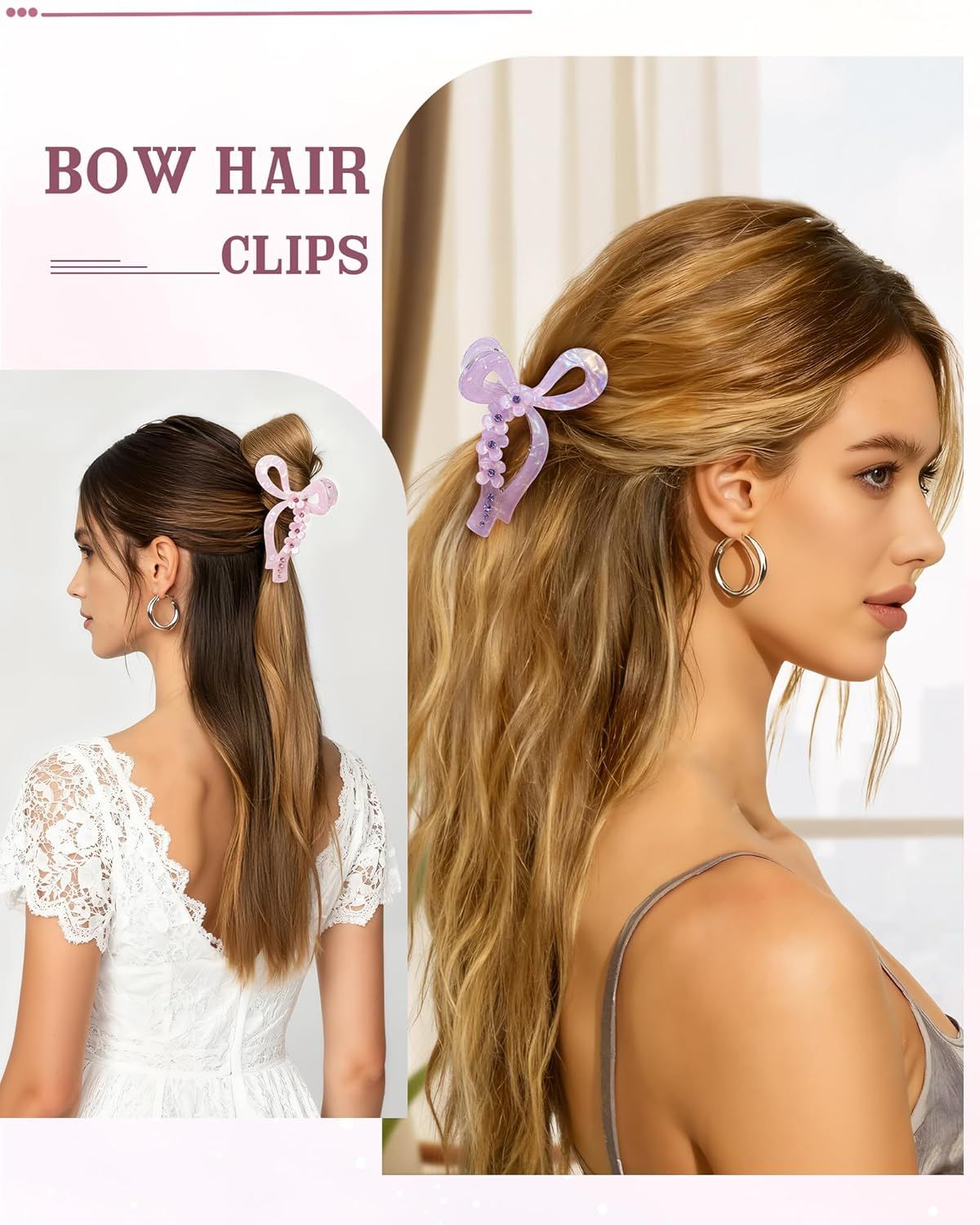 4.3" Acrylic Bow Hair Clips or Women Cute Bow Claw Clip 3PCS Large Hair Claw Clips or Thick or Long Hair Bows (Pink + Blue + Purple)