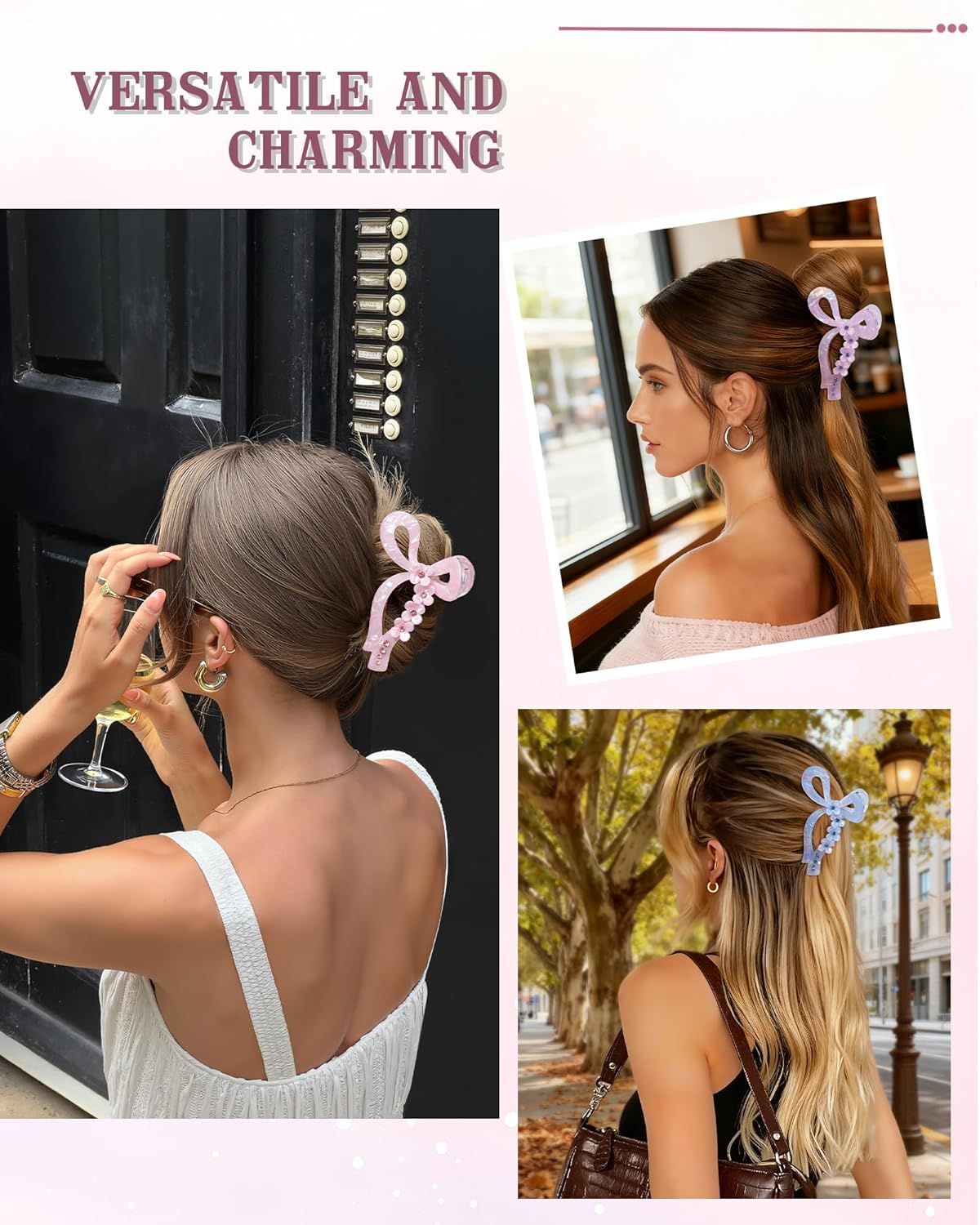 4.3" Acrylic Bow Hair Clips or Women Cute Bow Claw Clip 3PCS Large Hair Claw Clips or Thick or Long Hair Bows (Pink + Blue + Purple)