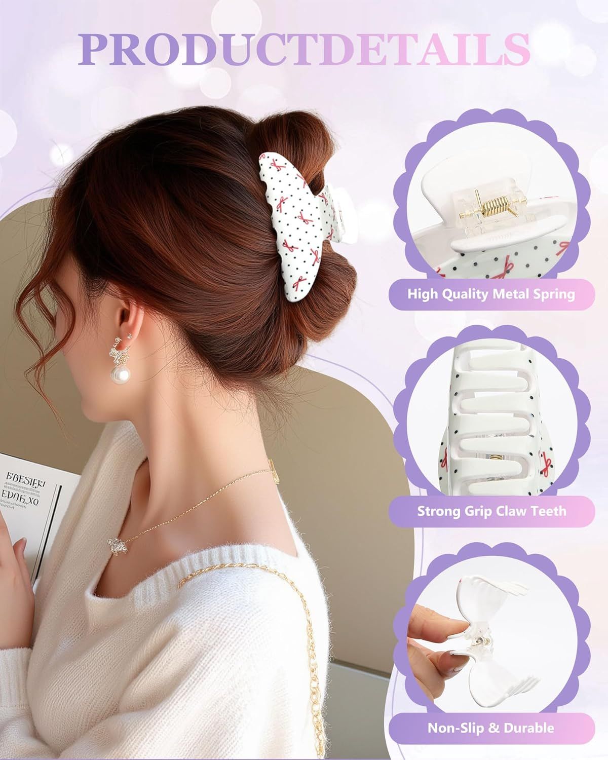 3Pcs Acrylic Hair Claw Clips or Women, Non-Slip 3.5" Banana Claw Clip, Heart Pattern, Valentine's Day Gits (Polka dot/Heart)