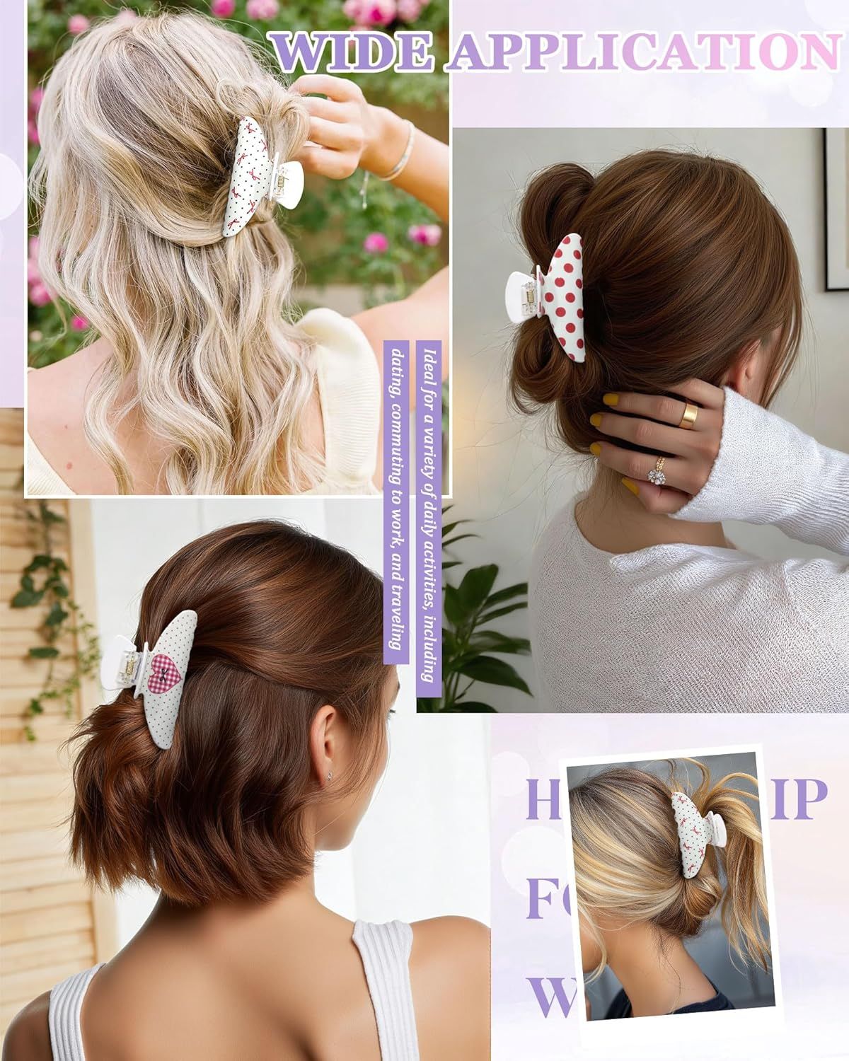 3Pcs Acrylic Hair Claw Clips or Women, Non-Slip 3.5" Banana Claw Clip, Heart Pattern, Valentine's Day Gits (Polka dot/Heart)