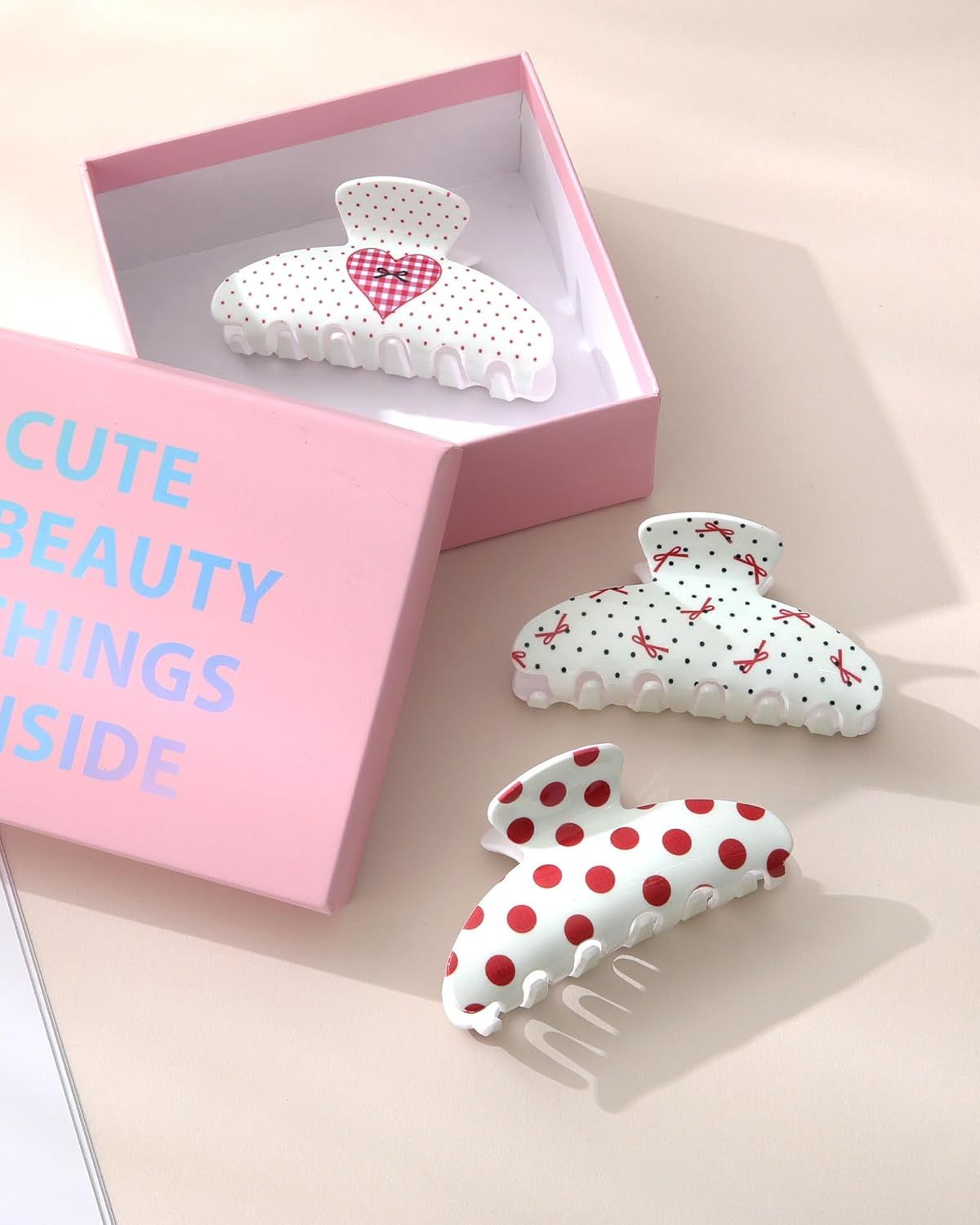 3Pcs Acrylic Hair Claw Clips or Women, Non-Slip 3.5" Banana Claw Clip, Heart Pattern, Valentine's Day Gits (Polka dot/Heart)