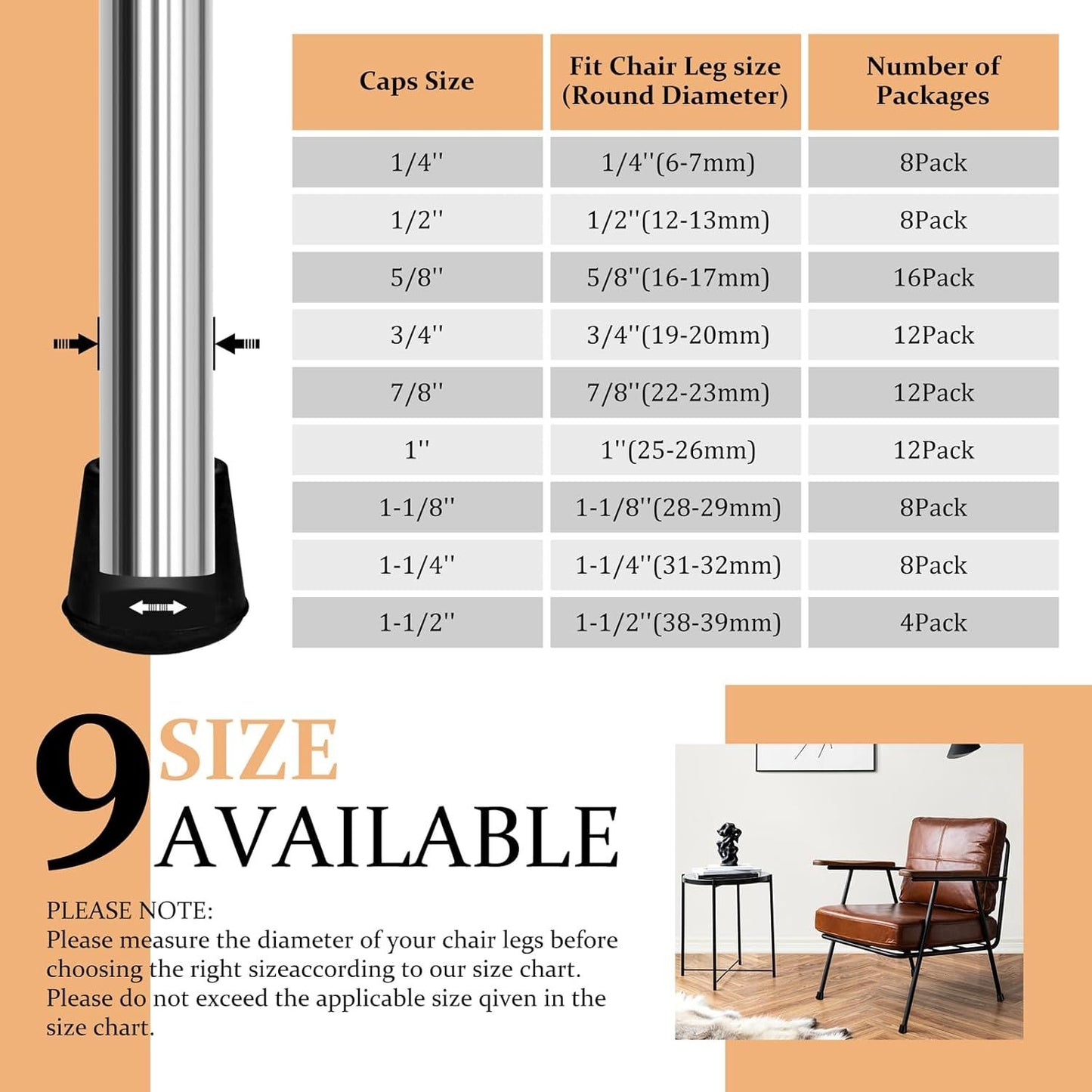 1" Round Rubber Chair Leg Tips Caps, Chair Leg loor Protectors urniture Legs Caps Non Slip Reduce Noise or Hardwood loors (Black, 12 Pack)