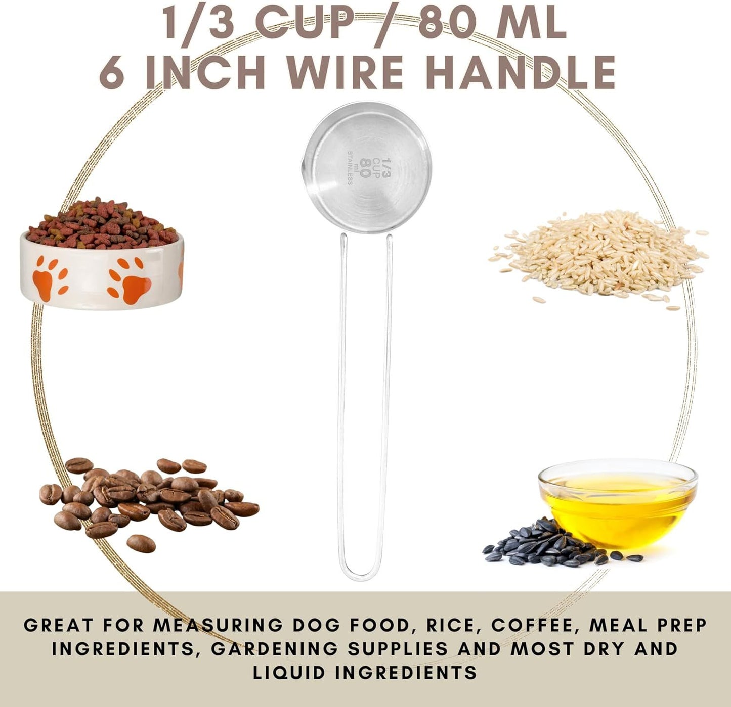 1/3 Cup Stainless Steel Measuring Cup, Long 6" Wire Loop Handle and Pour Spout | Sturdy Metal 80 ml | 80 cc | 3 oz | Single Cup or Wet and Dry Ingredients | Great or use as 1/3 Cup Dog ood Scoop