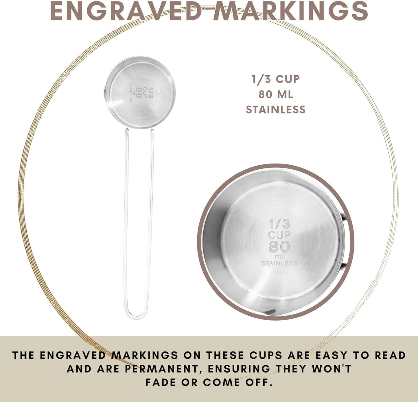 1/3 Cup Stainless Steel Measuring Cup, Long 6" Wire Loop Handle and Pour Spout | Sturdy Metal 80 ml | 80 cc | 3 oz | Single Cup or Wet and Dry Ingredients | Great or use as 1/3 Cup Dog ood Scoop