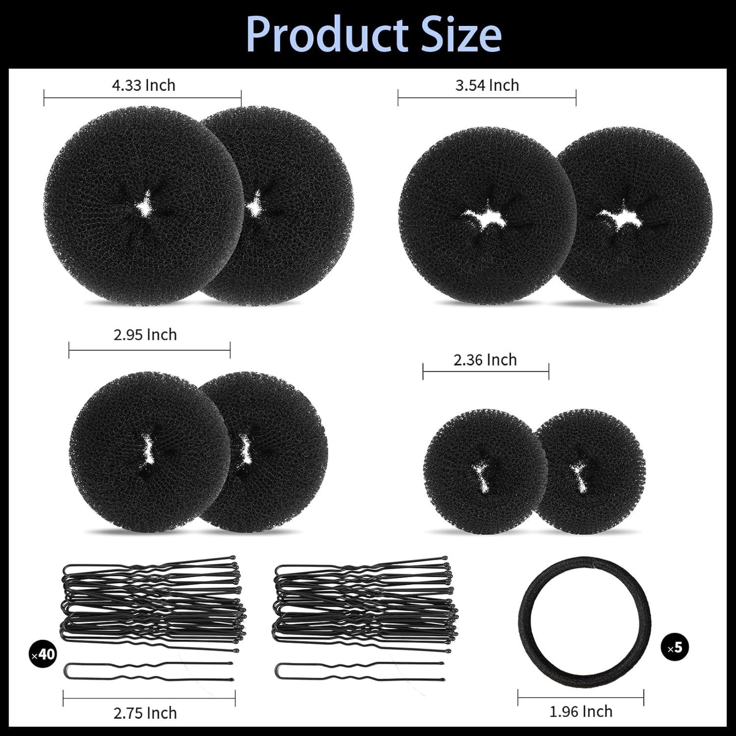 Hair Bun Maker Set- 8 PCS Hair Donuts or Buns (2 Extra-large,2 Large,2 Medium and 2 Small), 40 PCS Bobby Pins, 5 PCS Hair Elastic Ties Black,Bun Maker - Black