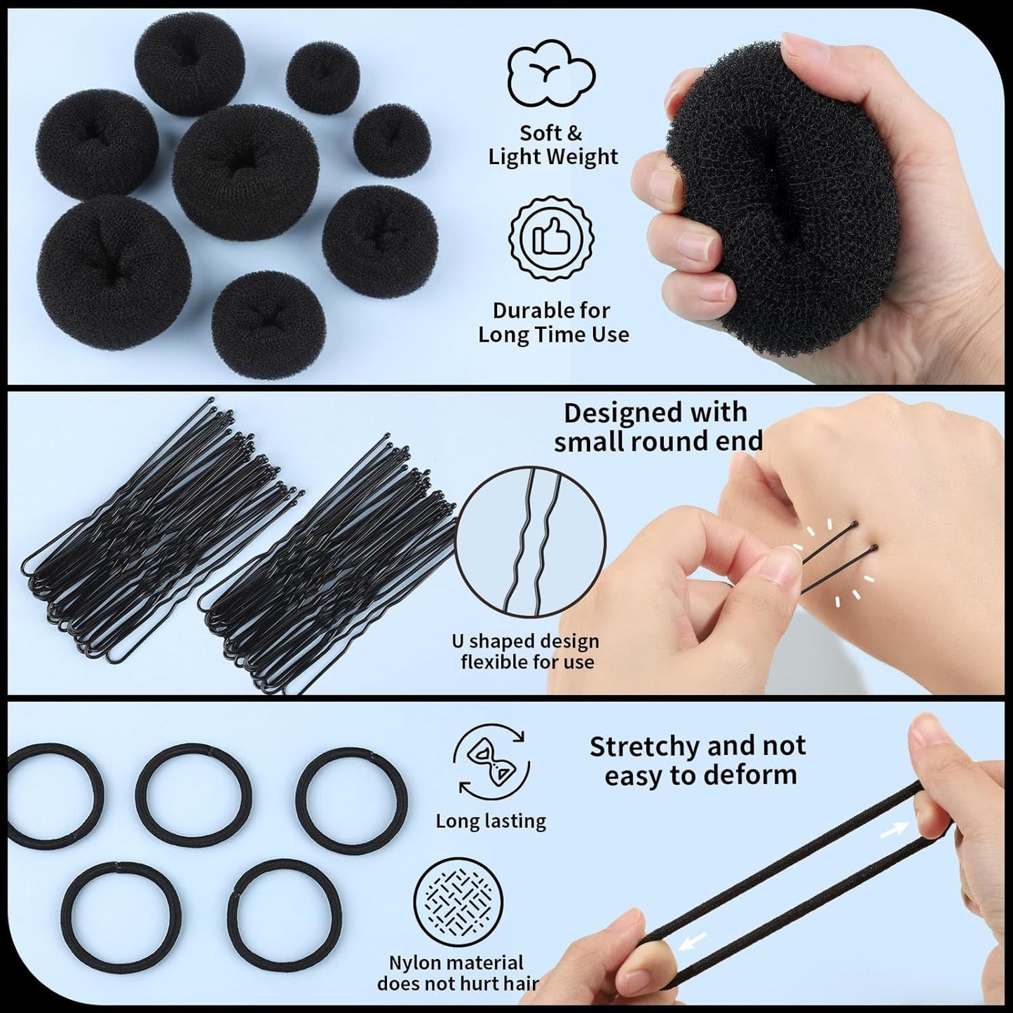 Hair Bun Maker Set- 8 PCS Hair Donuts or Buns (2 Extra-large,2 Large,2 Medium and 2 Small), 40 PCS Bobby Pins, 5 PCS Hair Elastic Ties Black,Bun Maker - Black