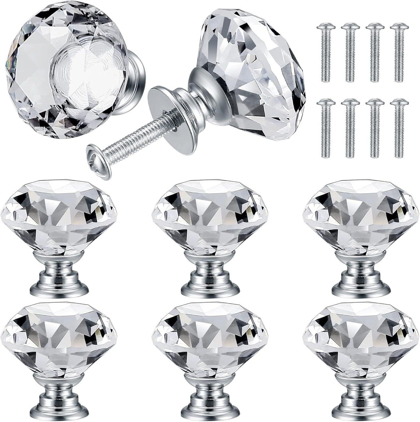 8 Pcs Crystal Cabinet Knobs, Decorative Diamond Shape Crystal Glass Dresser Knobs or Dresser Drawers Cupboard Wardrobe urniture Cabinet Pulls Handles Kitchen Bathroom Bedroom Knob(Silver, 30mm)