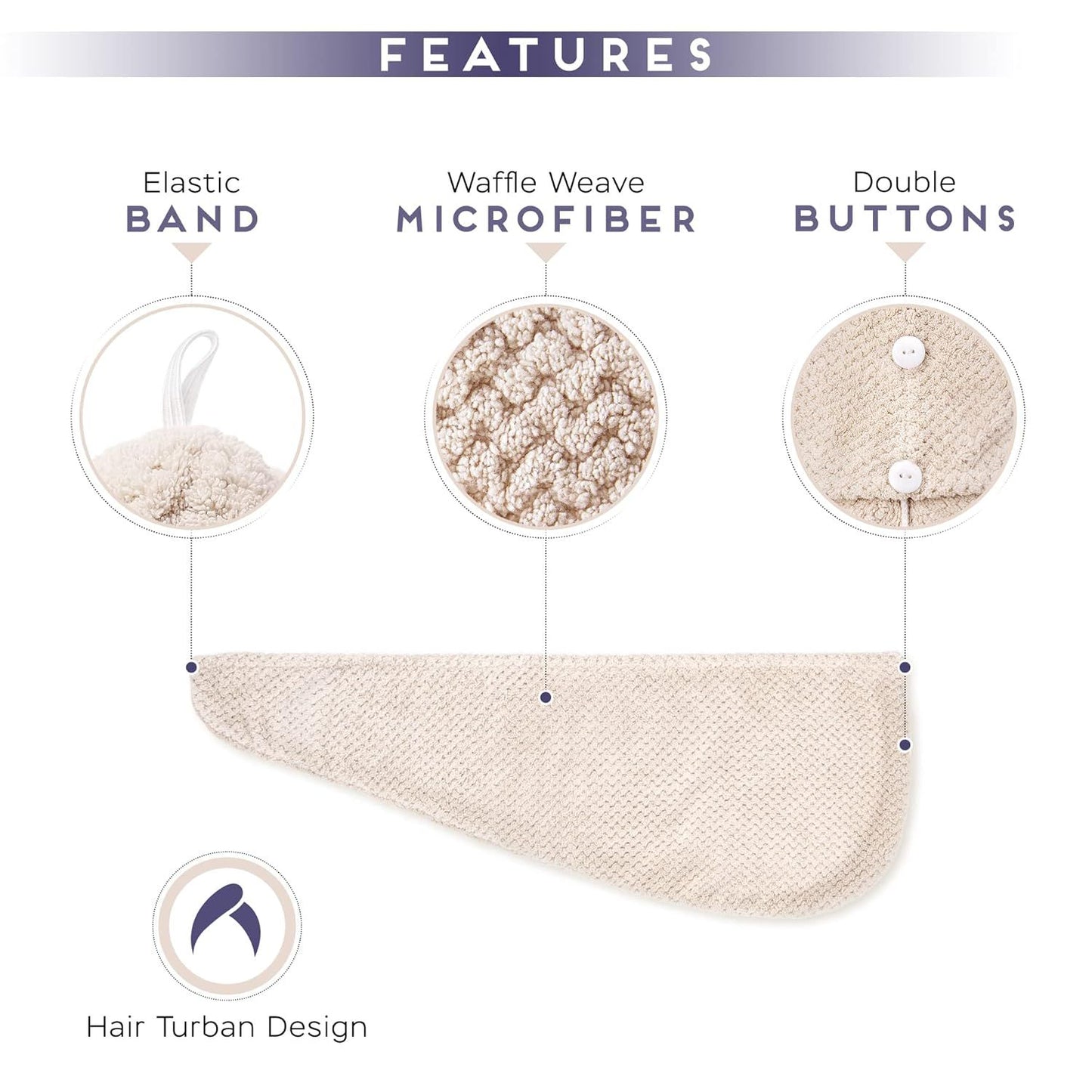 2 Pack Microiber Hair Towel Wrap or Women, Anti rizz Quick Drying Hair Turban or All Hair Style, Absorbent and Lightweight (Beige)