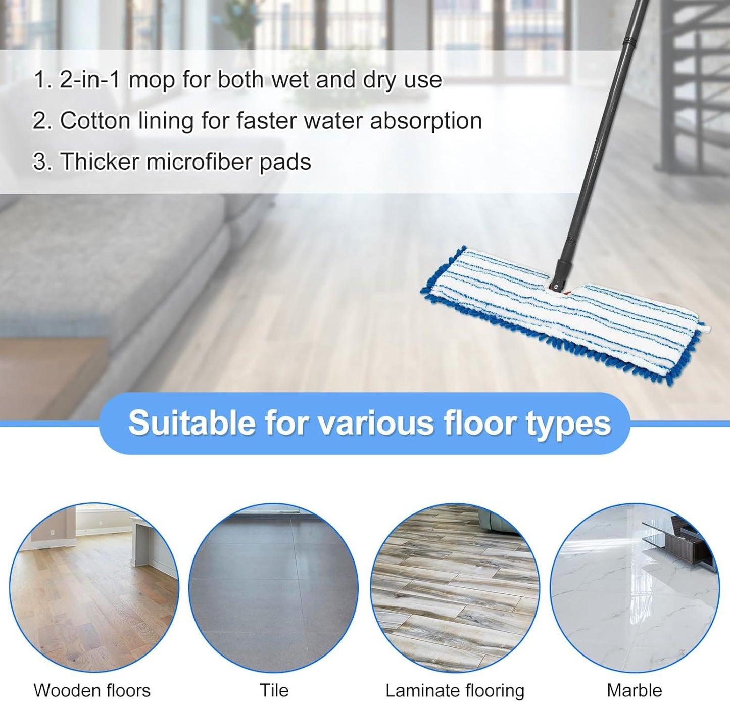 3 Pack Mop Heads Replacements Compatible or Ocedar Dual-Action Microiber lip Mop, Double Sided Mop Replace Head Mop Reills with Microiber & Chenille or Dry Wet Use, Reusable, Machine Washable
