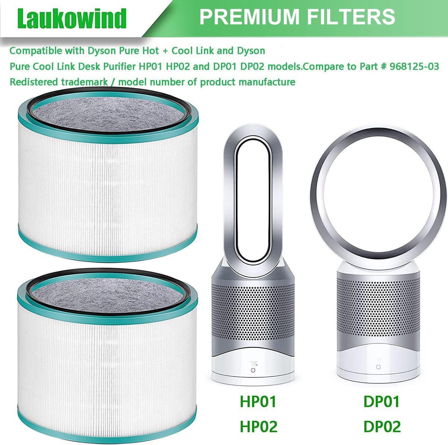 2 Pack Air Puriier ilter Replacements or Dyson HP01, HP02, DP01 Desk Puriiers - Compatible with Part # 968125-03