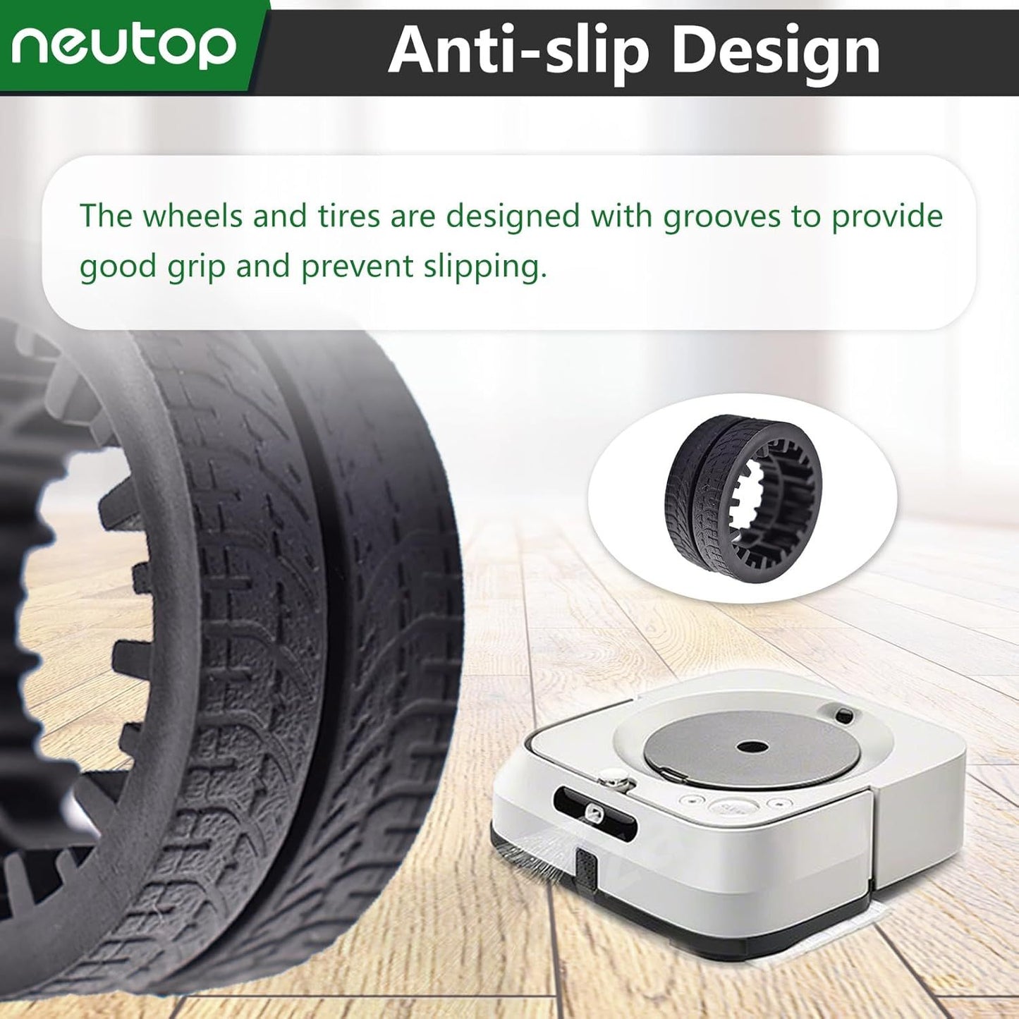 Replacement Rubber Wheel Tires Compatible with iRobot Braava Jet M6 (6110) (6012) (6112) (6113), Anti-slip, Great Adhesion and Easy Assembly, 4-Pack.