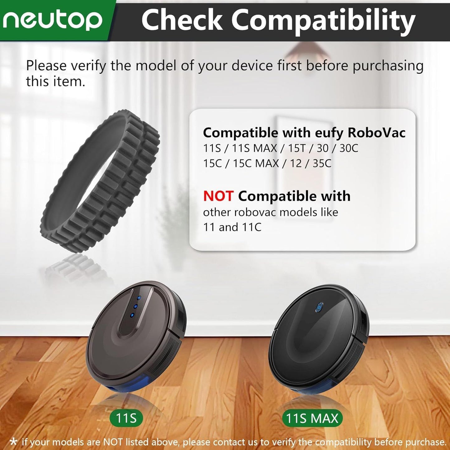 Replacement Rubber Wheel Tires Compatible with euy RoboVac 11S, 11S MAX, 15T, 30, 30C, 15C, 15C MAX, 12, 35C Models, Anti-slip, Great Adhesion and Easy Assembly, 4-Pack.