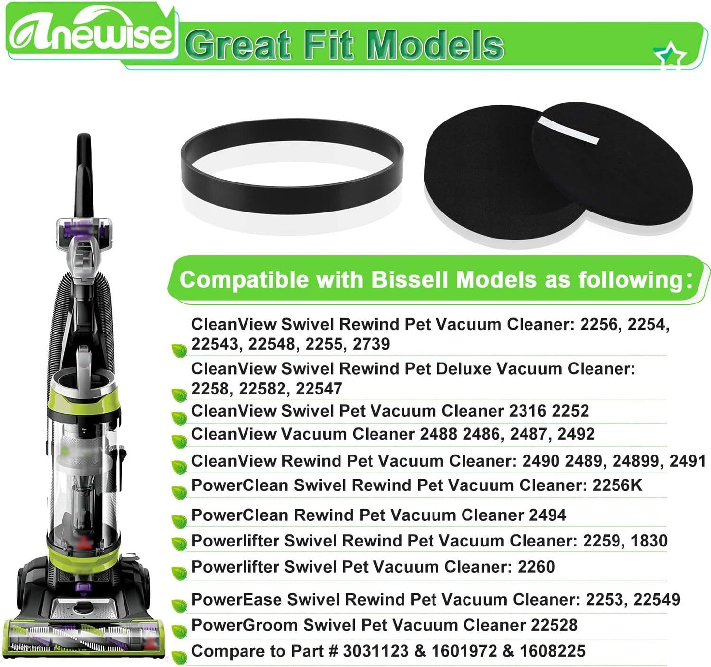 ilter and Belt Replacement or Bissell 2258 2492 2252 2254 2489 2486 2260 or Cleanview Powerliter Swivel Rewind Pet Vacuum Cleaner, 2+4 Pack, Compare to Part #3031120, 1608225 & 1601972