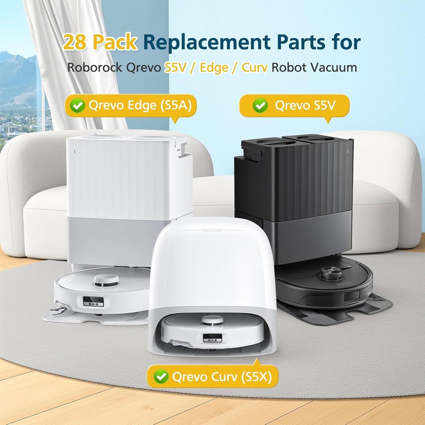 Qrevo S5V Replacement Parts or  Qrevo S5V / Curv/Edge/Edge S5A / Curv S5X, Accessories include 2*Set Main Brush, 6*Mop Pads, 6*Vacuum Bags, 4*Hepa ilters, 6*Side Brush, 2*Cleaning Tool