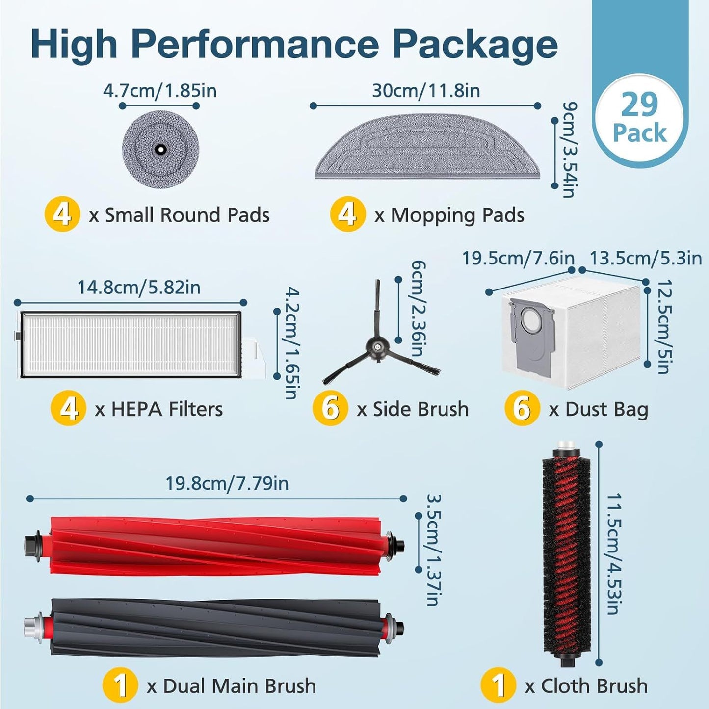 29 Pack S8 MaxV Ultra Accessories Kit or  S8 Maxv Ultra Robot Vacuum Cleaner, 1 Set Main Roller Brush,4 HEPA ilters,6 Side Brushs,6 Dust Bag,4 Mop Pads,4 Edge Mop Clothes,1 Cleaning Brush