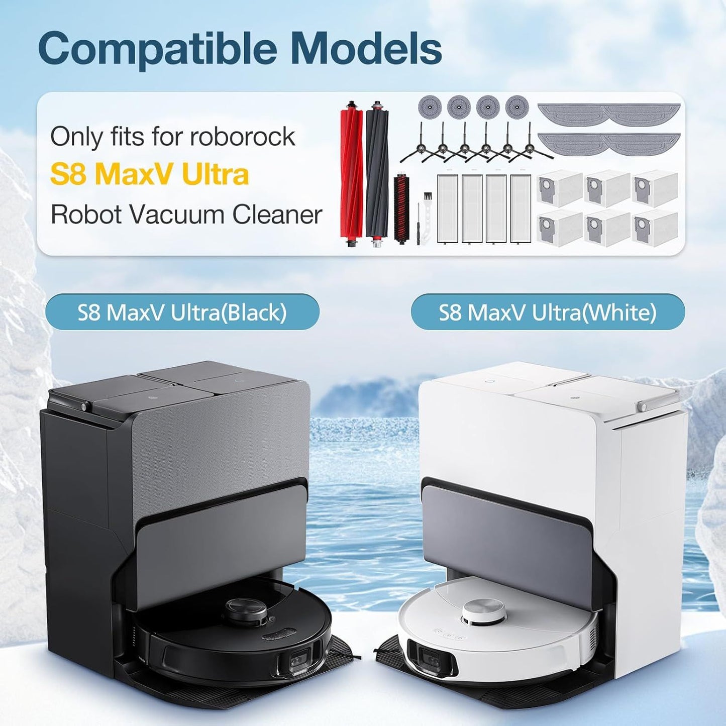 29 Pack S8 MaxV Ultra Accessories Kit or  S8 Maxv Ultra Robot Vacuum Cleaner, 1 Set Main Roller Brush,4 HEPA ilters,6 Side Brushs,6 Dust Bag,4 Mop Pads,4 Edge Mop Clothes,1 Cleaning Brush