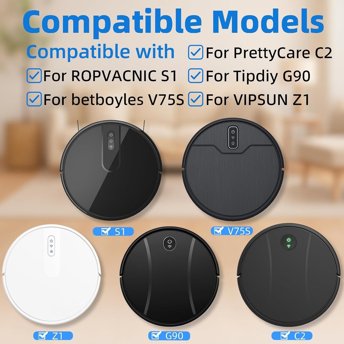 Accessories Kit or ROPVACNIC S1, or Tipdiy G90, or betboyles V75S, or VIPSUN Z1, or PrettyCare C2 Robot Vacuum Replacement Parts, 10 Side Brush, 6 HEPA ilter, 6 Mop Pad