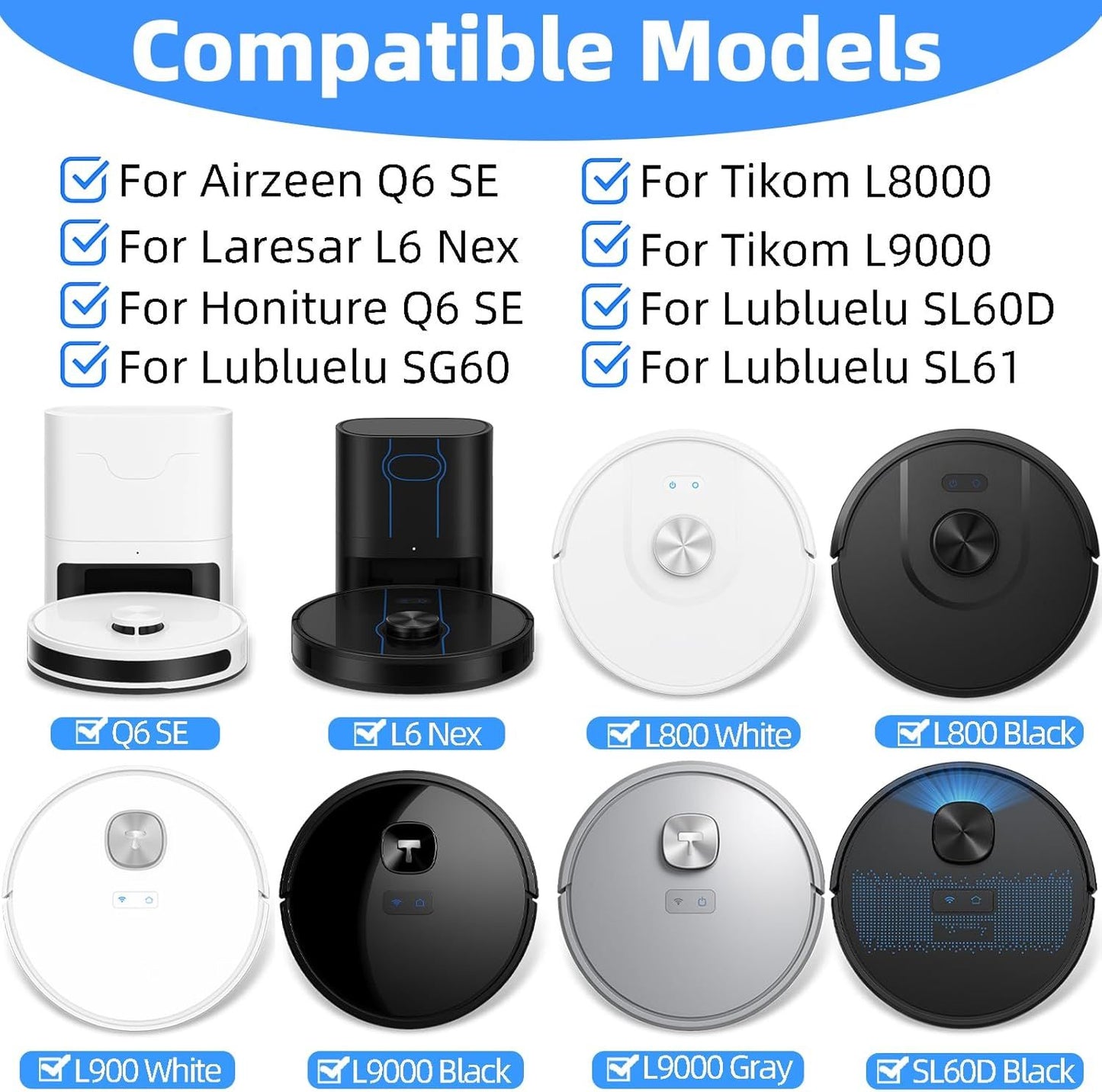20-Piece L9000 Replacement Parts Compatible with Tikom L9000, L8000, Lubluelu SL60D, Laresar L6 Nex, Honiture Q6 SE Robot Vacuum Accessories, 2 Main Brushes, 6 Side Brushes, 6 HEPA ilters, 6 Mop Pads