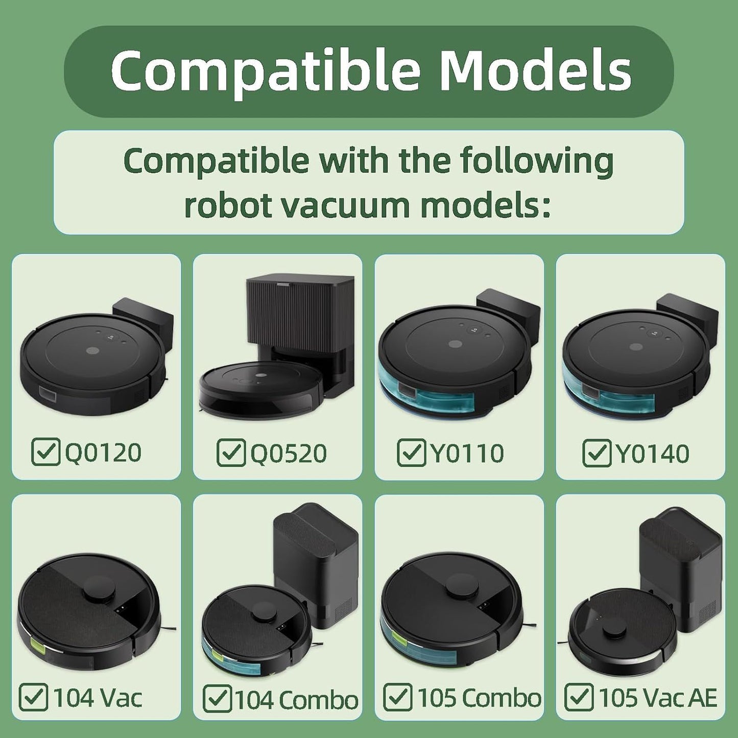 Accessories Kit Compatible with iRobot Roomba 104/105 Vac & Combo, Essential Q0120, Q0520, Y0110, Y0140, Q011 Robot Vacuum Replacement Parts,2 Main Brush, 8 Side Brush, 8 HEPA ilter (18 Pack)