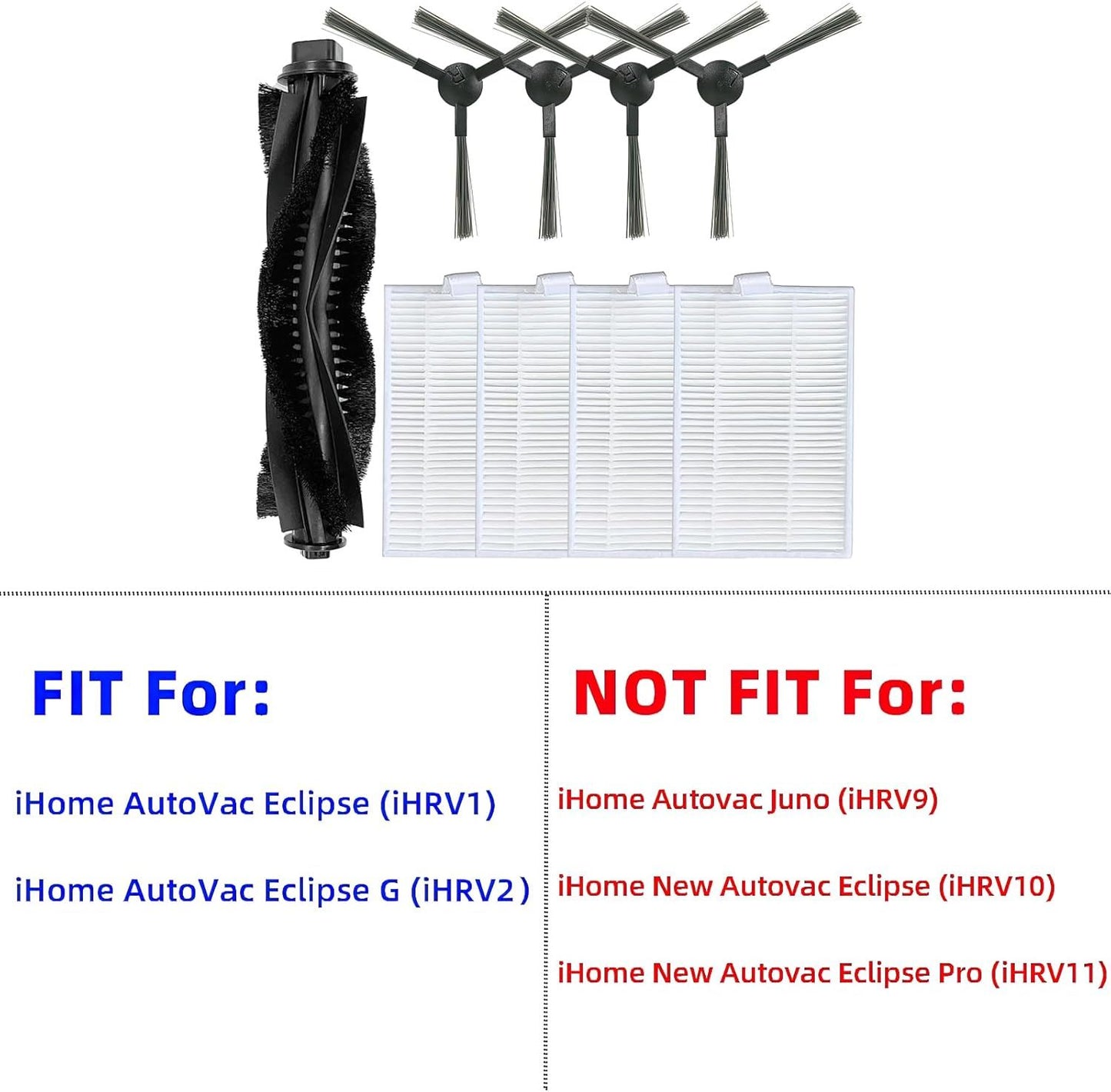 Accessories Kit or iHome AutoVac Eclipse iHRV1 / Eclipse G iHRV2 Robot Vacuum Replacement Parts, 1 Main Roller Brush, 4 Side Brush, 4 Hepa ilter