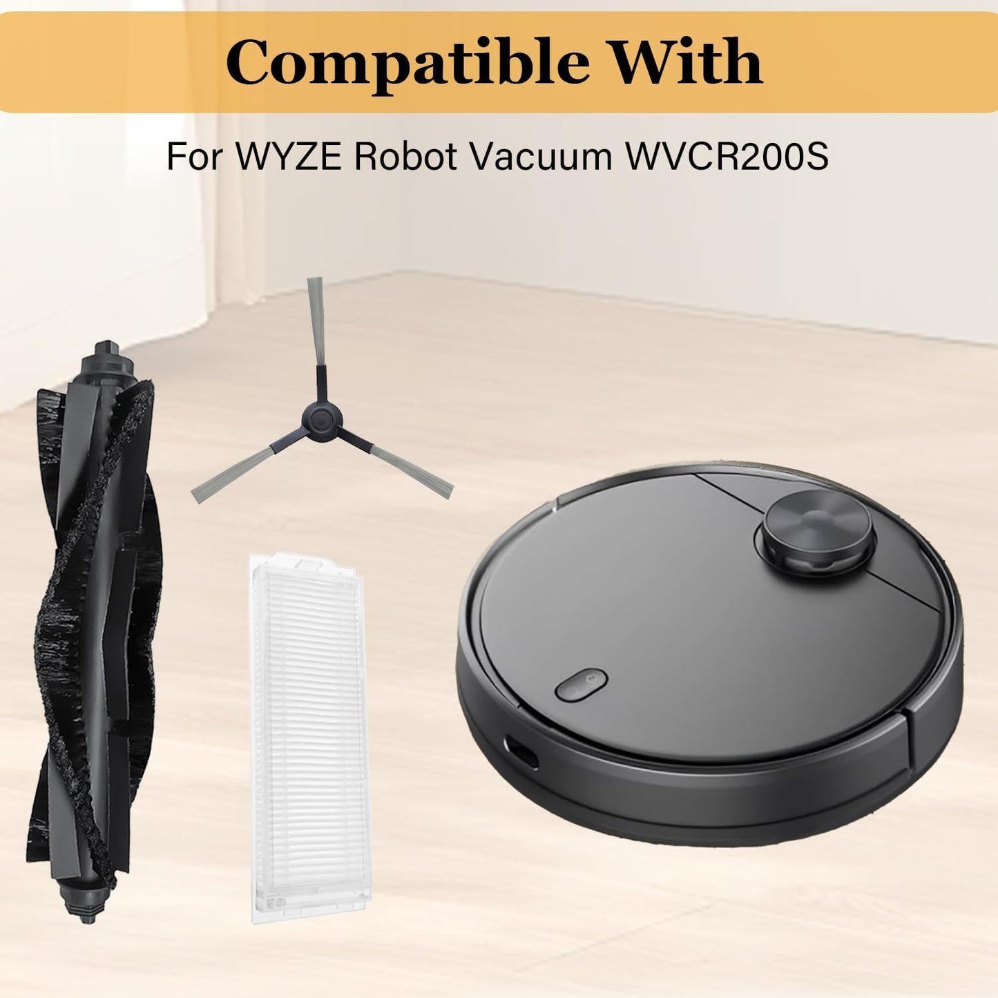 WVCR200S Replacement Parts or WYZE Robot Vacuum Cleaner WVCR200S Spare Accessories, 3 Main Roller Brush, 8 Side Brushes, 4 Hepa ilters, 1 Cleaning Tool