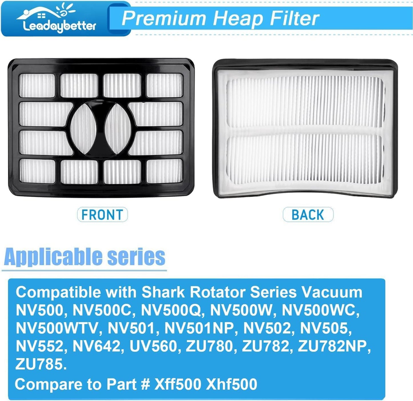 ilter Replacement or Shark Rotator Pro Lit-Away NV500, NV501, NV502, NV505, NV552, NV642, UV560, ZU780, ZU782, ZU785. Compare to Part # X500 Xh500, 2 + 4 oam & elt ilters