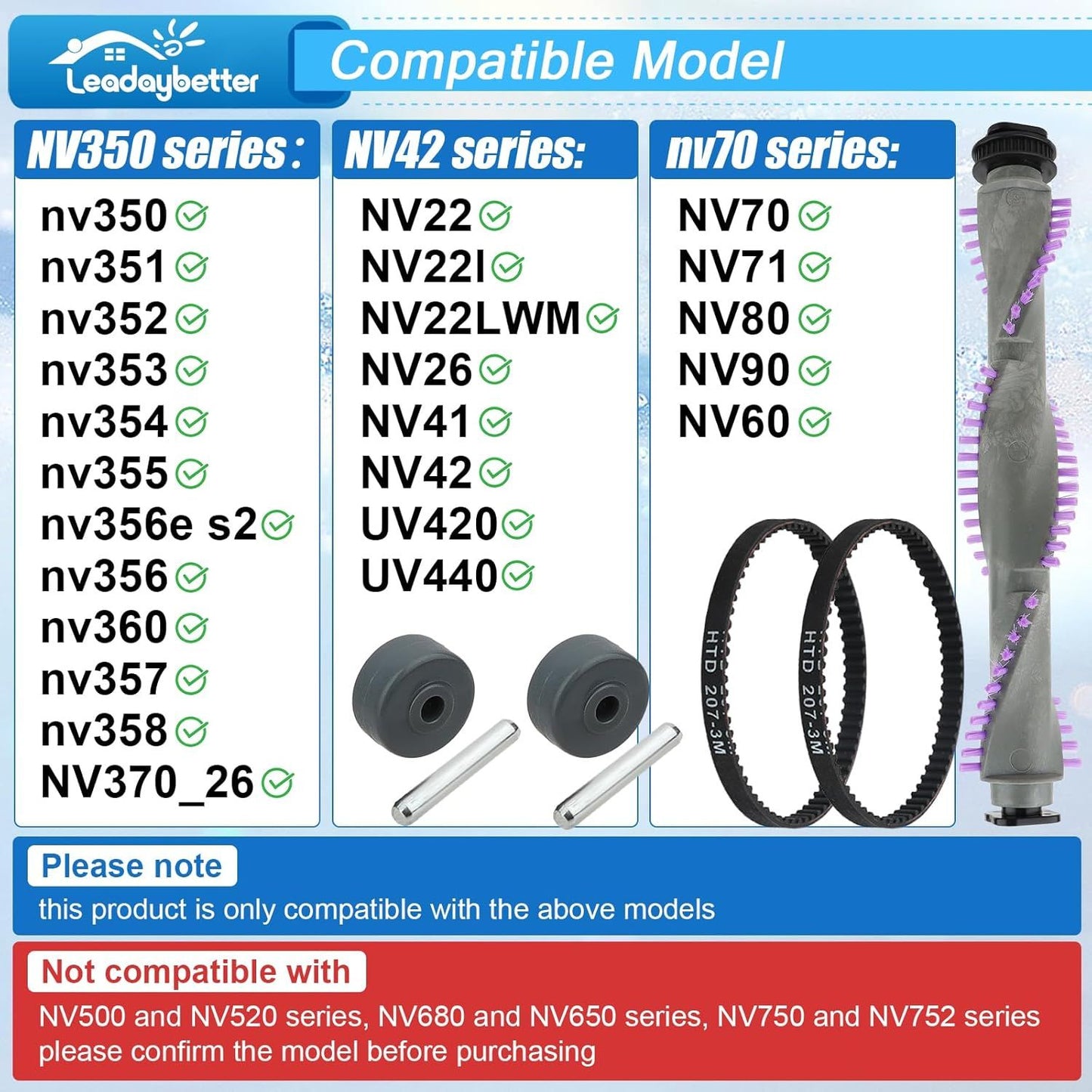 Roller Brush Replacement or Shark Navigator Lit Away NV350,NV352,NV353,NV360,NV356E,NV42,NV80,UV420,NV70,NV41,NV71,NV90,NV22 Series Upright Vacuum，1 Roller Brush + 2 Belts + 2 Wheels