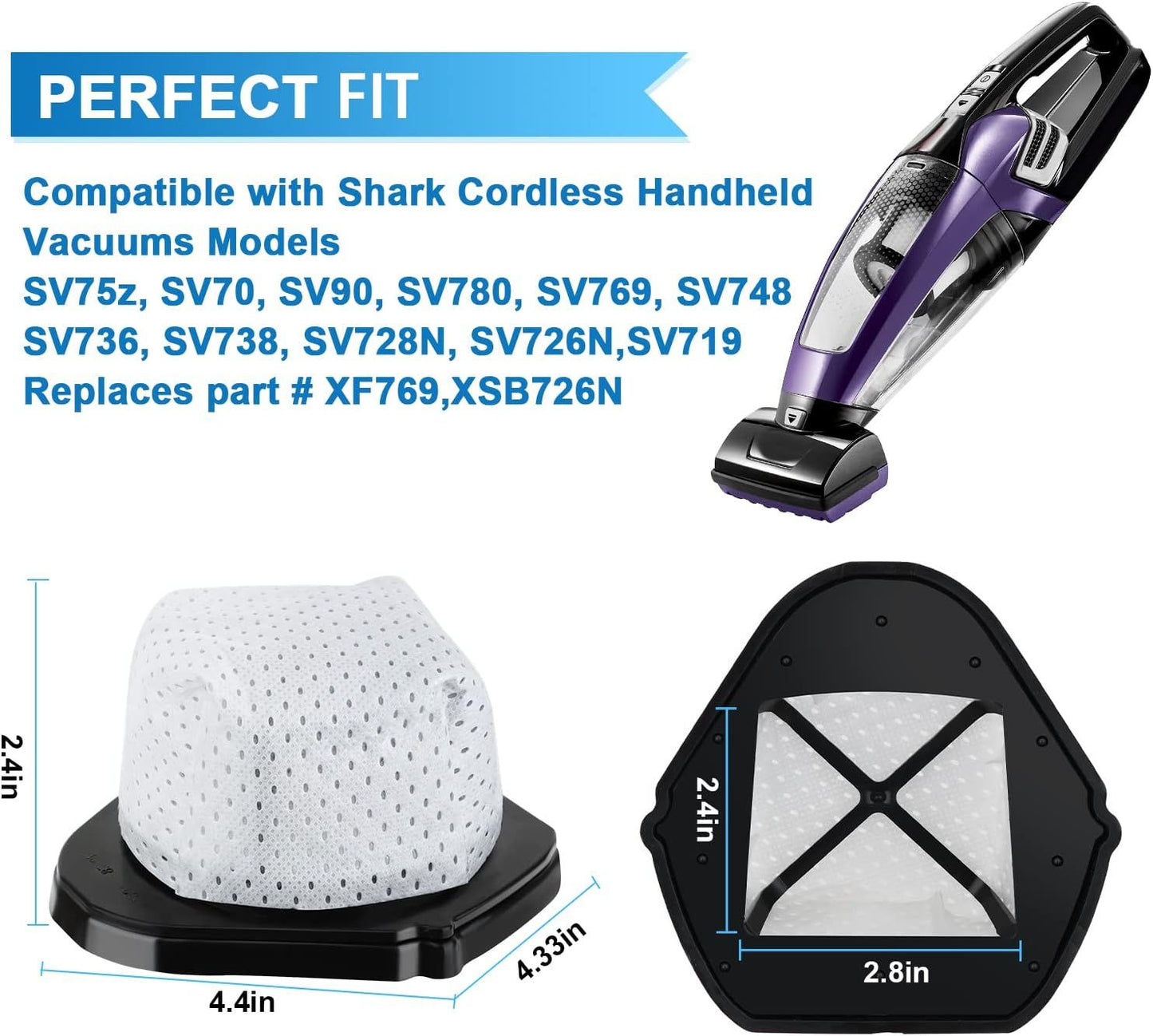 6 Pack Dust Cup ilters Replacement or Shark Cordless Handheld Vacuum SV780 SV75Z SV728N SV726N, Replacement Part# X769, XSB726N