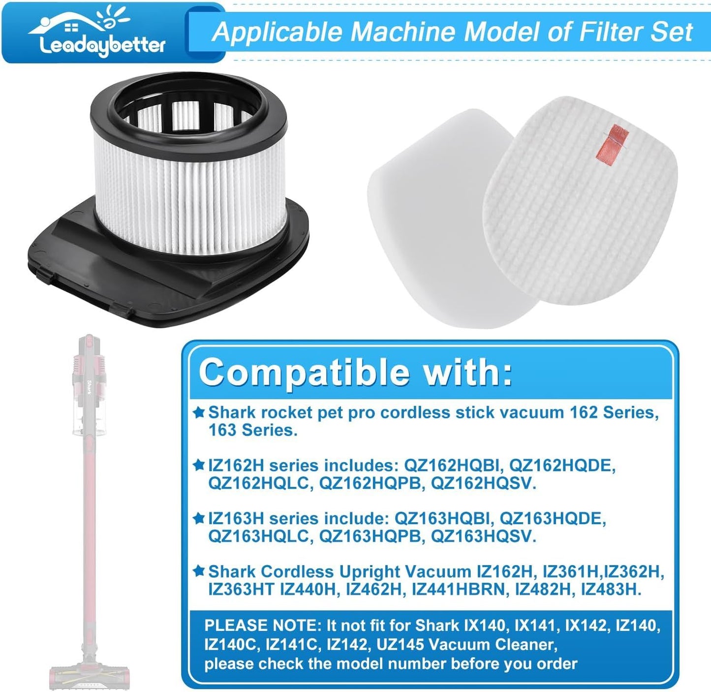 IZ377H IZ382H IZ162H ilter Replacement or Shark PowerPro loorDetect and Rocket Pet Pro IZ361H IZ362H IZ363HT IZ440H IZ441HBRN IZ462H IZ482H IZ483H Cordless Stick Vacuum, Part # XH161H & 617J140