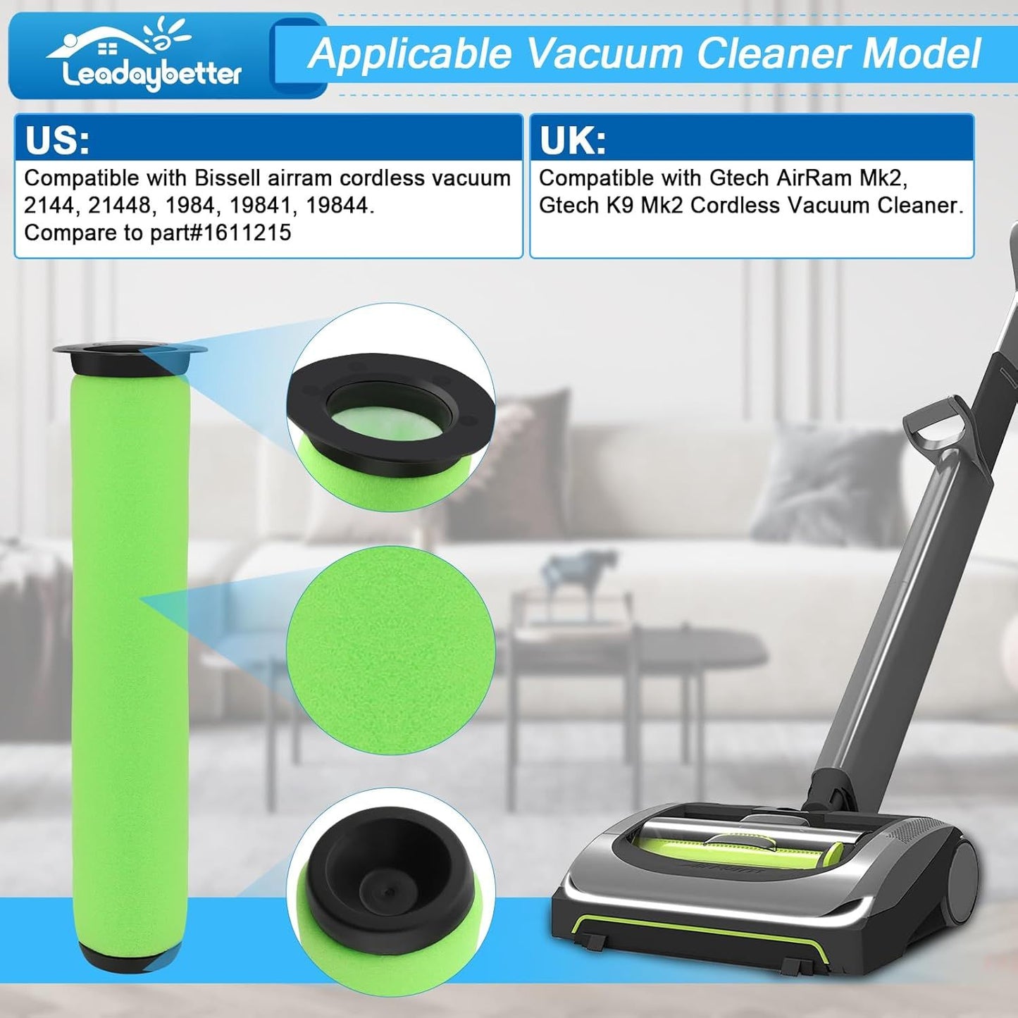 Air Ram ilter Replacement or Bissell AirRam Cordless Vacuum 1984 2144 21448 19841 19844. Compare to part#1611215 (3 Pack)