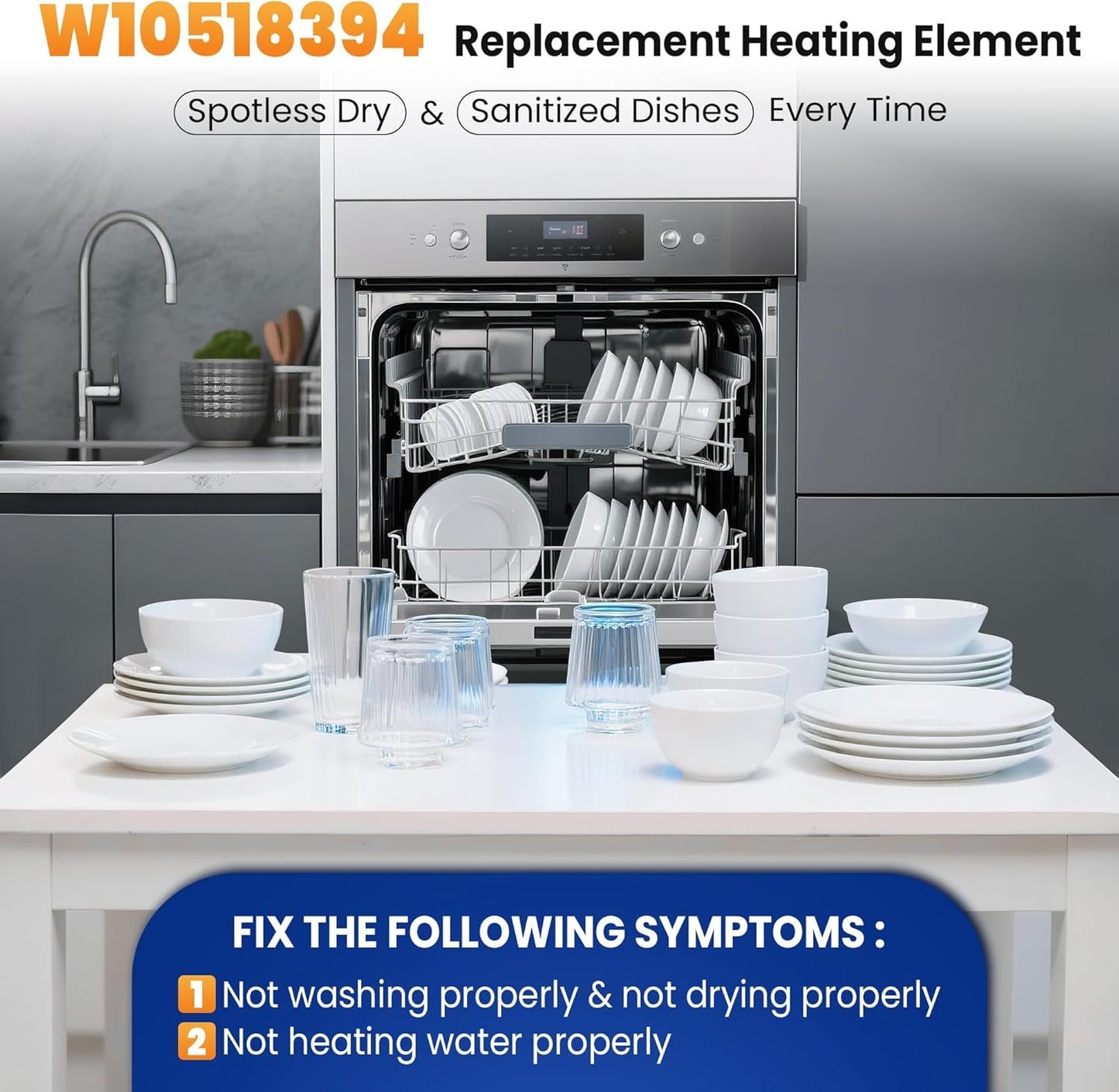 W10518394 Dishwasher Heating Element Replacement or Whirlpool Kenmore Maytag Amana Dishwashers, Compatible with 8194250 8563007 8572861 W10134009 W10441445 W10518394VP By