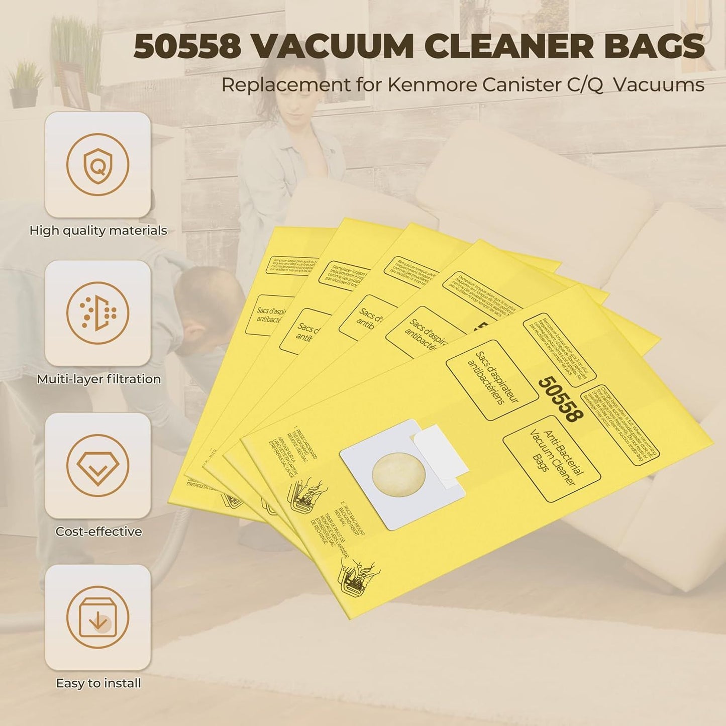 Vacuum Bags Replacement or Kenmore Canister C/Q 5055 50555 50557 50558 and Pana·sonic Type C-5 C-18 Vacuums - Premium Vacuum Cleaner Dust Bag - 12 Pack