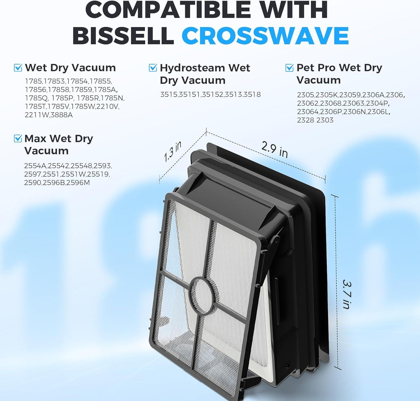 6 Pack 1866 ilters Compatible with Bissell Crosswave 3888A 1785 2210 2211 2304 2306 2551 2554 2590 2593 2596 CrossWave Cordless Max All in One Wet-Dry Vacuum Cleaner, Compare to Part # 1608684