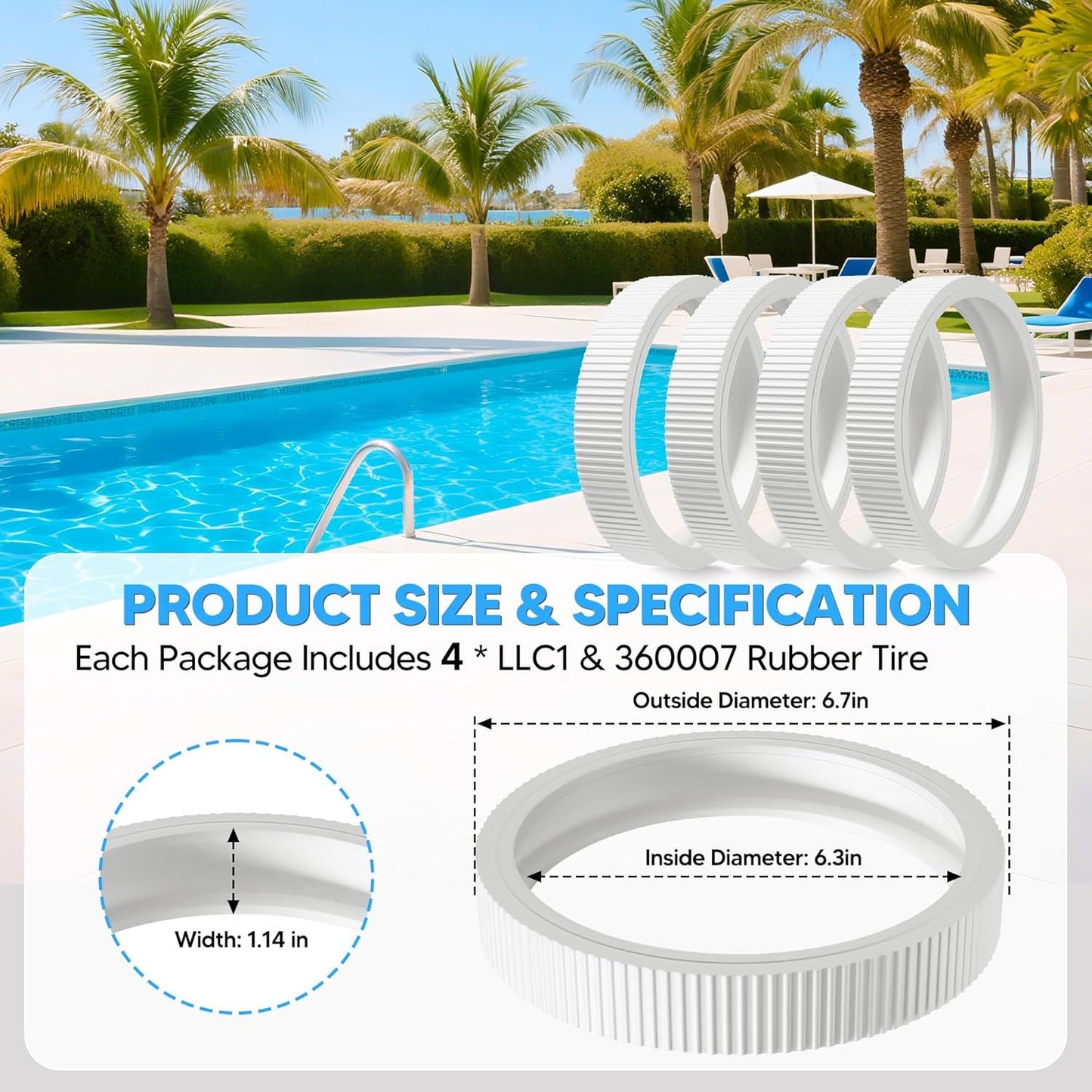 Upgraded Rubber Tire with Treads LLC1 Tire and 360007 Tire Replacement or Pentair Legend Pool Cleaner Wheel Rubber Tires Automatic Pool and Spa Cleaner (4 Pack)