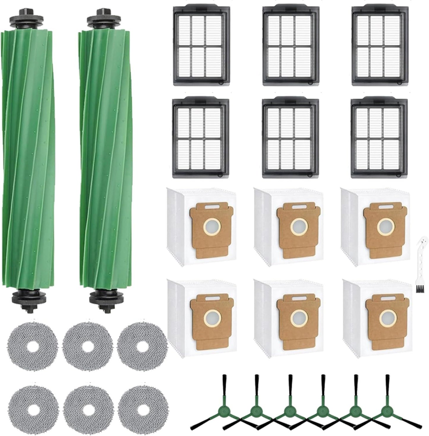 Replacement Parts Compatible with Combo 405/505, 24-Piece Set with 2 Roller Brushes, 6 Dust Bags, 6 Side Brushes, 6 ilters & 6 Mopping Pads