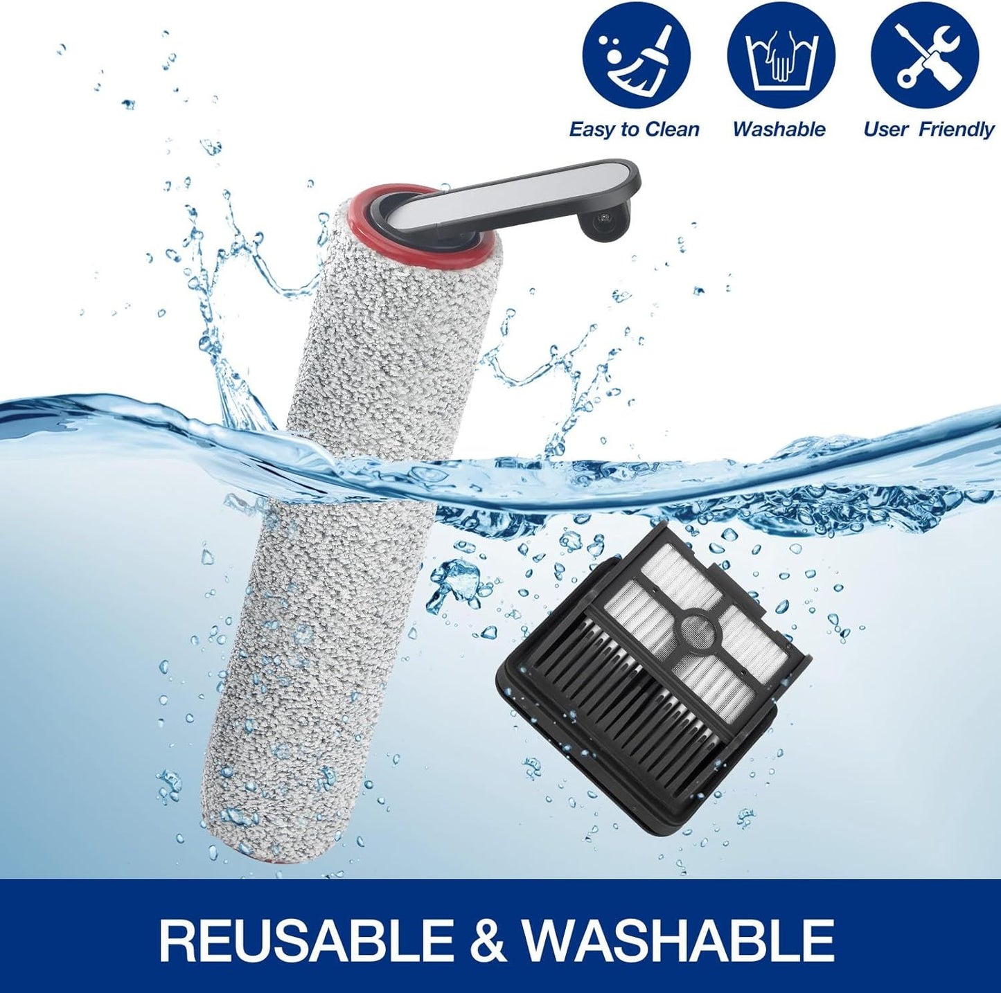 H12 Pro Roller Brush Replacement and HEPA ilter or Dreame H12 Pro, H12 Dual, G10 Pro Cordless Wet Dry Vacuum Cleaner, 2 Brush Rollers, 2 HEPA ilters, 1 Water Tank Brush, 1 Cleaning Brush