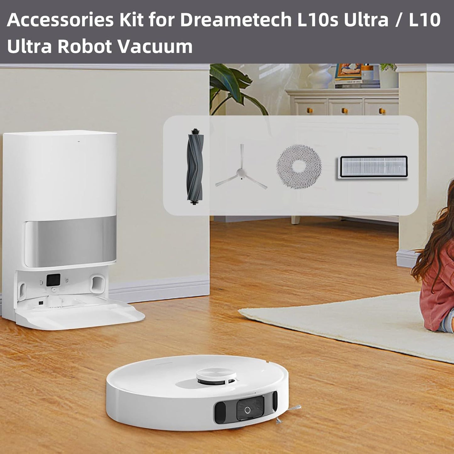 24 Pack Accessories Kit or Dreame L10s Ultra / L10 Ultra Robot Vacuum Replacement Parts Including 1 Main Brush 4 HEPA ilters 6 Sidebrushes 6 Mop Pads 6 Dust Bags 1 Cleaning Brush