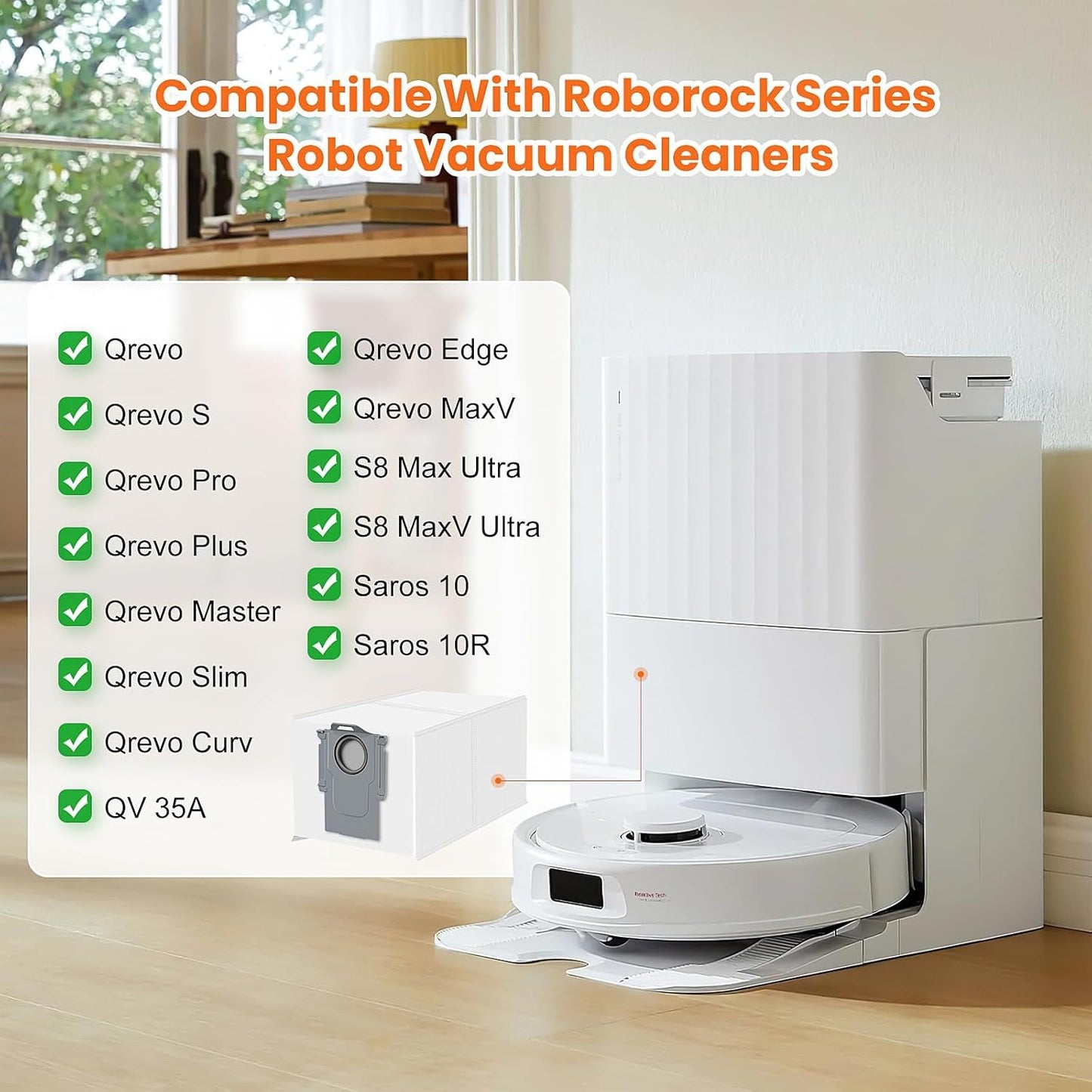 24 Pack Qrevo Dust Bags or  QV 35A/Saros 10R/Qrevo S/Qrevo Pro/Qrevo Plus/Qrevo Master/Qrevo Slim/Qrevo Curv/Qrevo Edge/S8 MaxV Ultra Robot Vacuum, 3L Large Capacity Replacement Dust Bag