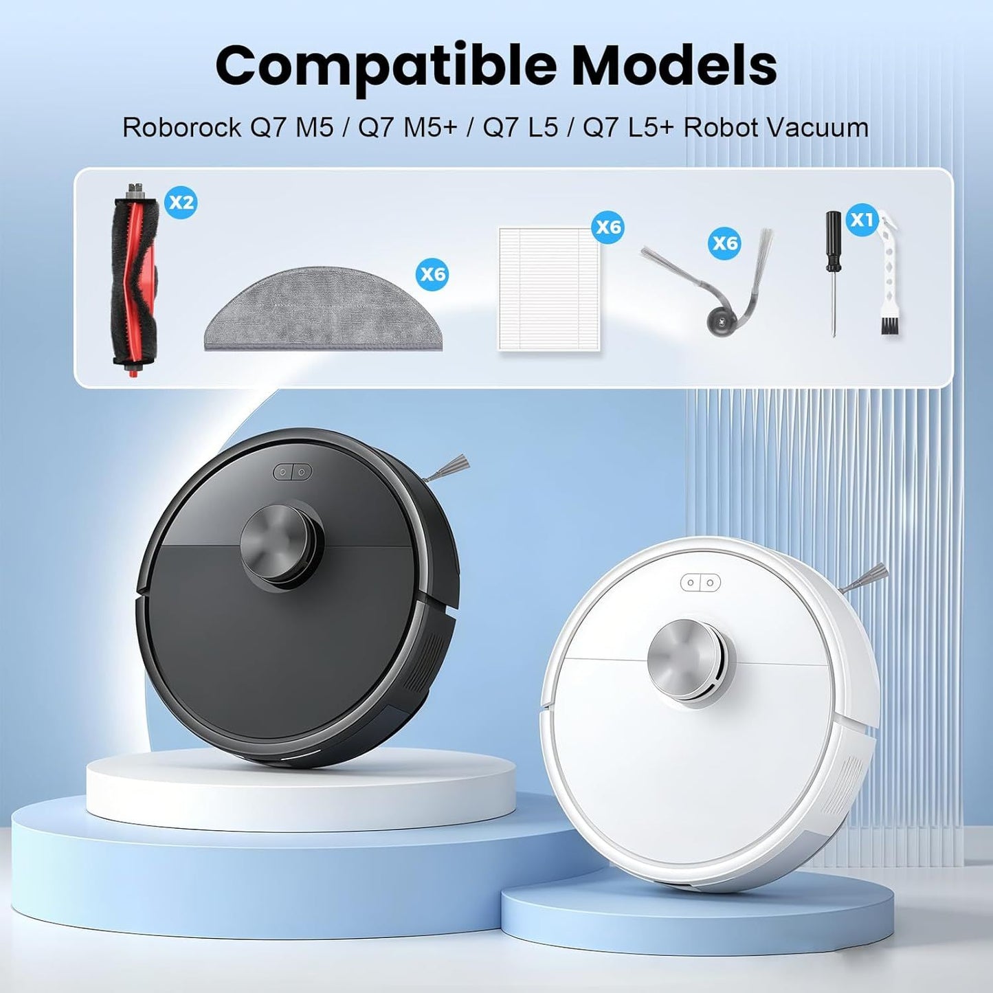 22 Pack Replacement Accessories or  Q7 M5 / Q7 M5+ / Q7 L5 / Q7 L5+ Robot Vacuum Cleaner, 2 Main Brushes 6 Side Brushes 6 HEPA ilters 6 Mop Pads 1 Cleaning Brush 1 Screwdriver
