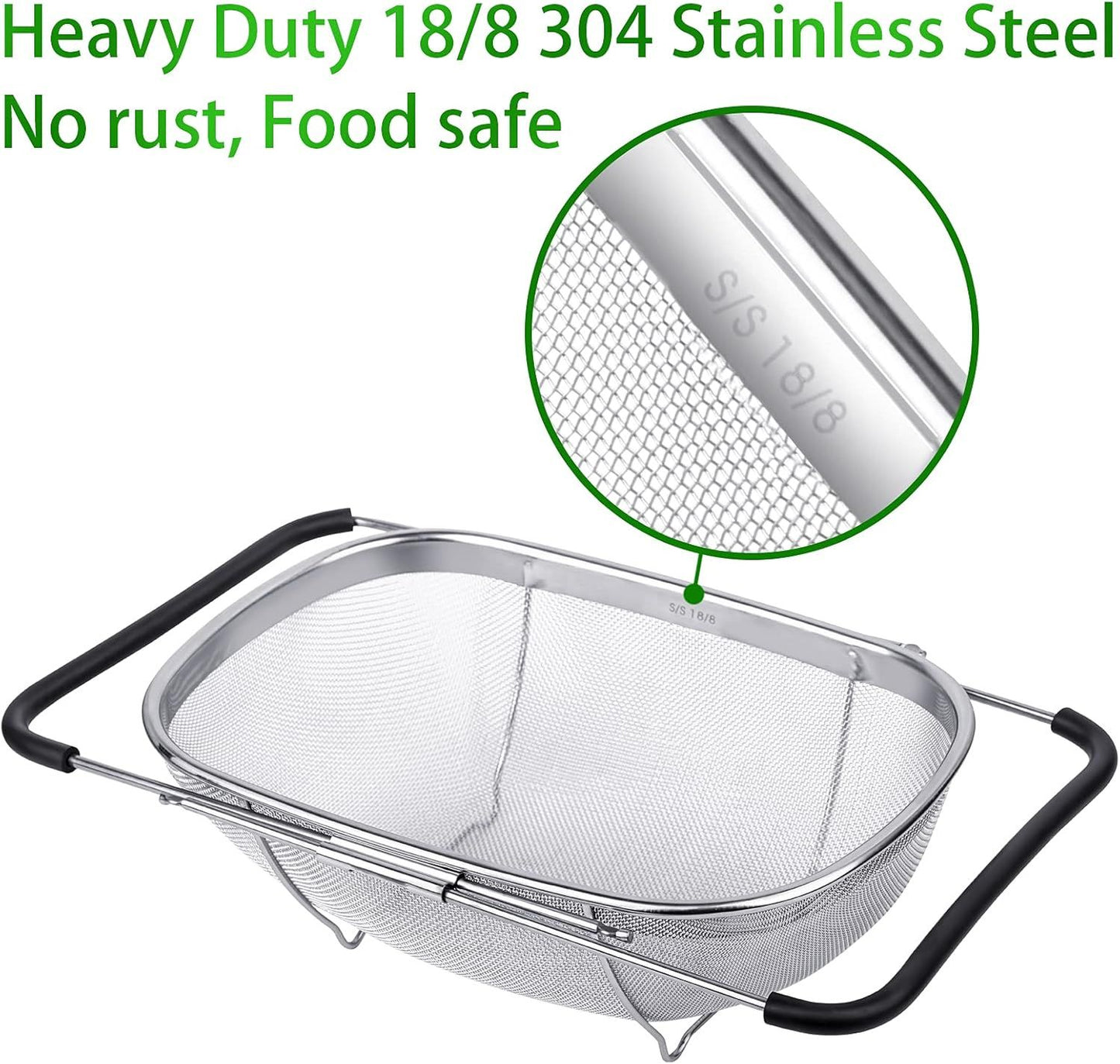 6-Quart Large Over The Sink Colander, Heavy Duty 40% Thicker 18/8 Stainless Steel ine Mesh Strainer Basket with Expandable Rubber Grip Handles - Strain, Drain, Rinse ruits, Vegetables