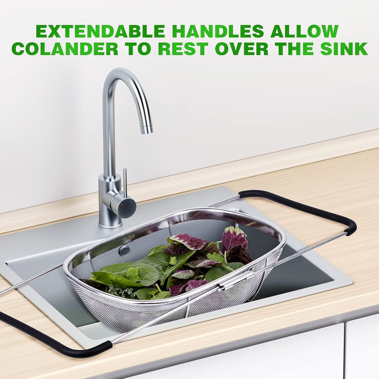 6-Quart Large Over The Sink Colander, Heavy Duty 40% Thicker 18/8 Stainless Steel ine Mesh Strainer Basket with Expandable Rubber Grip Handles - Strain, Drain, Rinse ruits, Vegetables