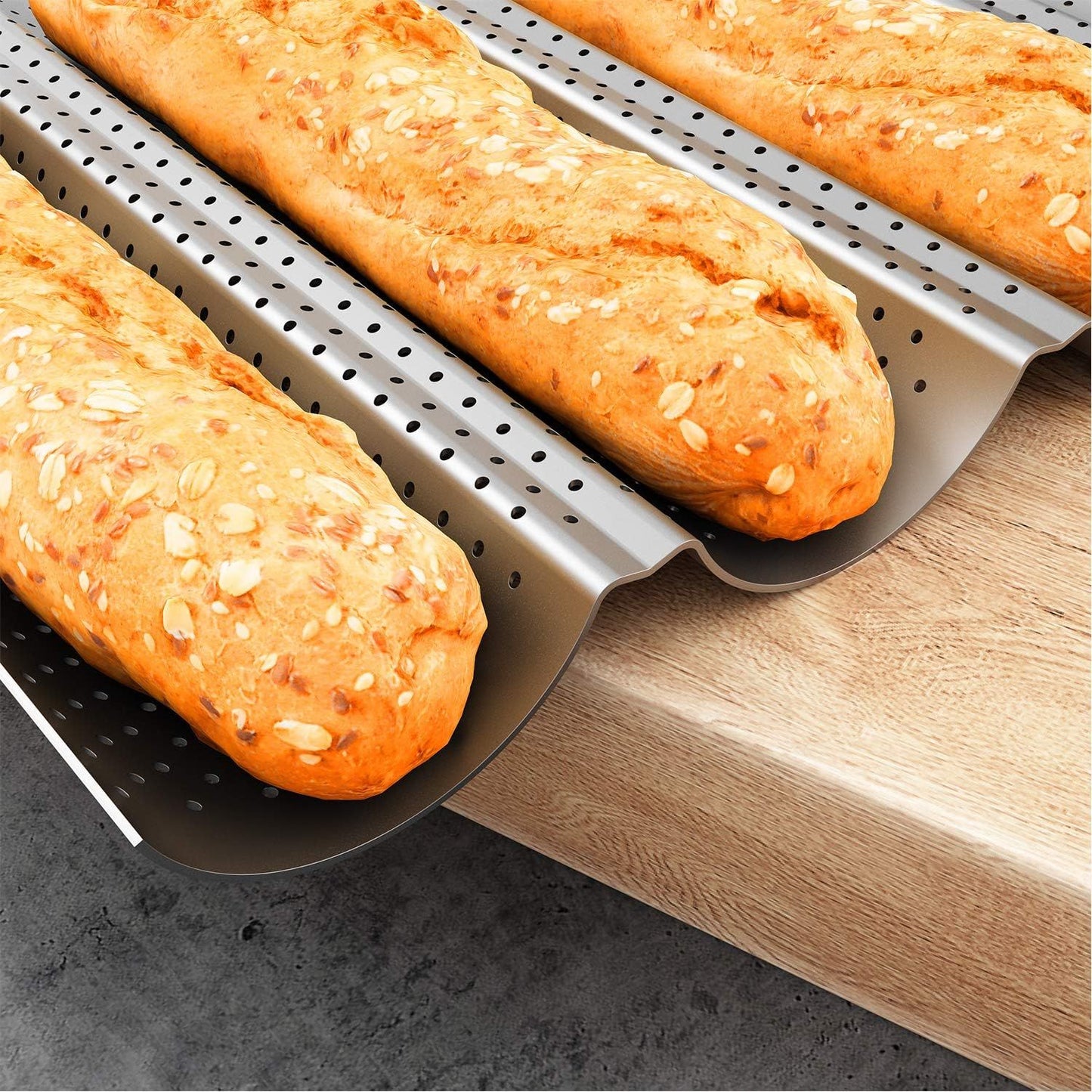 2 Pack Nonstick Perorated Baguette Pan 15" x 13" or rench Bread Baking 4 Wave Loaves Loa Bake Mold Oven Toaster Pan (Silver)