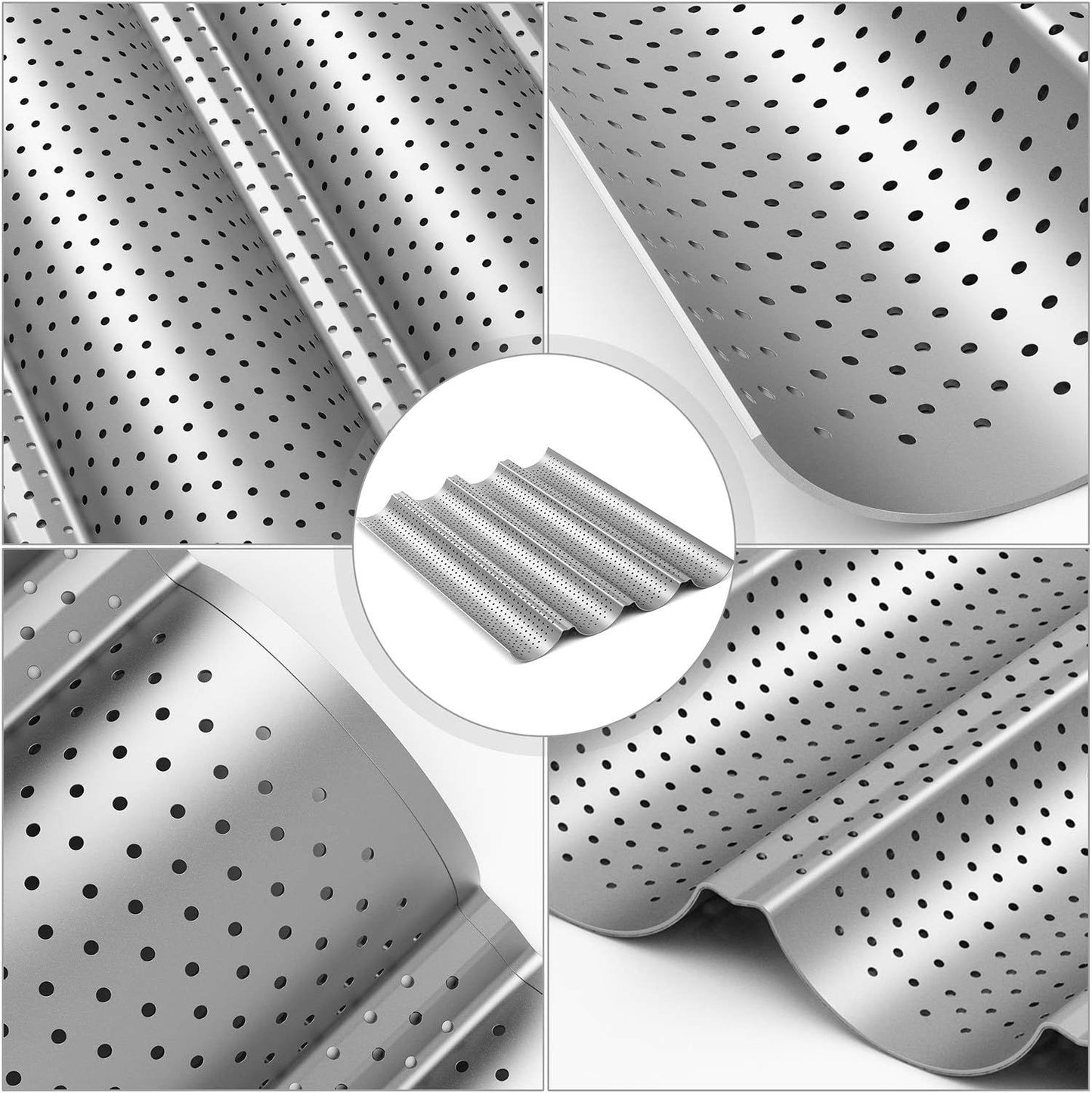 2 Pack Nonstick Perorated Baguette Pan 15" x 13" or rench Bread Baking 4 Wave Loaves Loa Bake Mold Oven Toaster Pan (Silver)