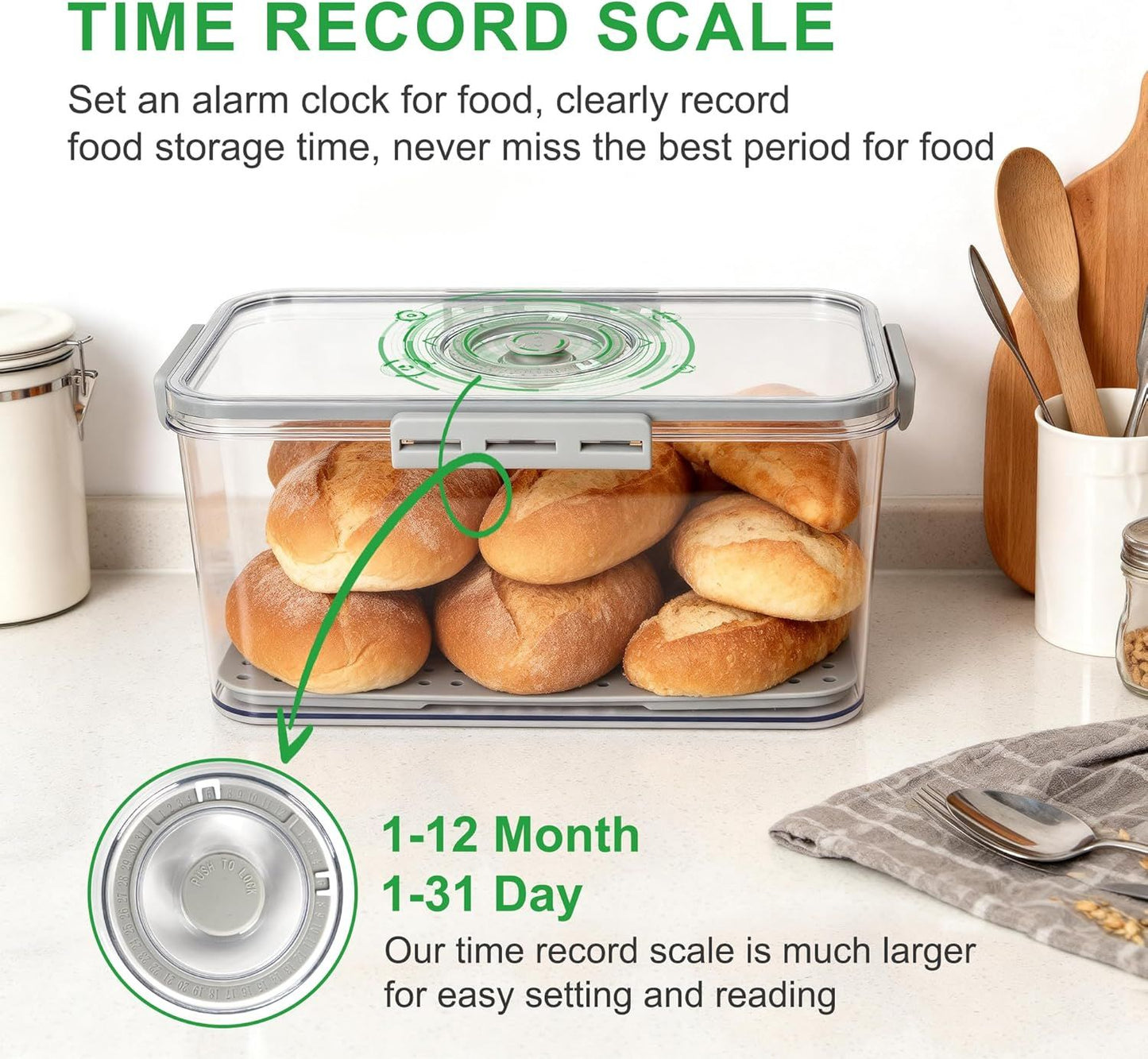 Plastic Bread Box or Kitchen Countertop, Airtight Bread Storage Container or Homemade Bread, Toast, Loa, Bagel, Donut and Cookies, Time Recording Bread Keeper, Dishwasher Sae